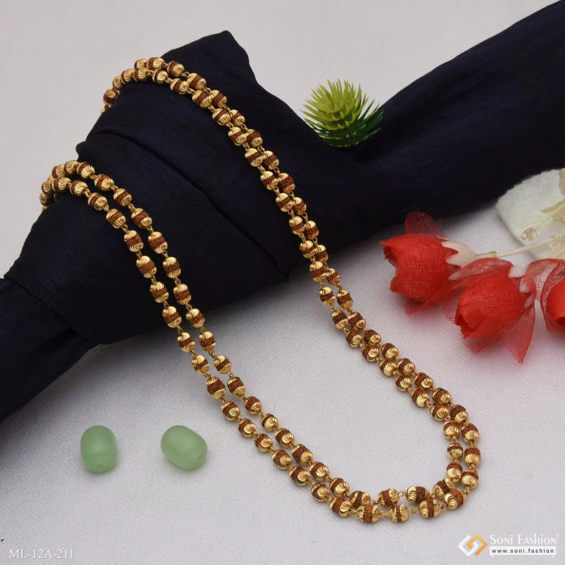 2 Line Fashion-Forward Design Gold Plated Rudraksha Mala for Men - Style A211 - Image 2