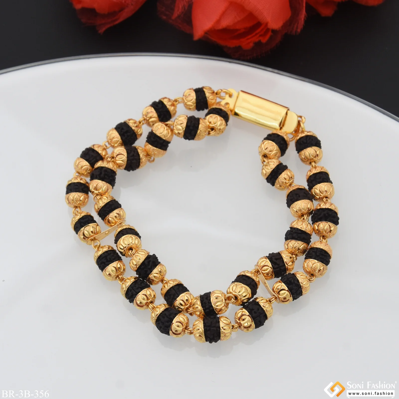 2 Line Rudraksha Attention-getting Design Gold Plated Bracelet - Style B356 - Image 5