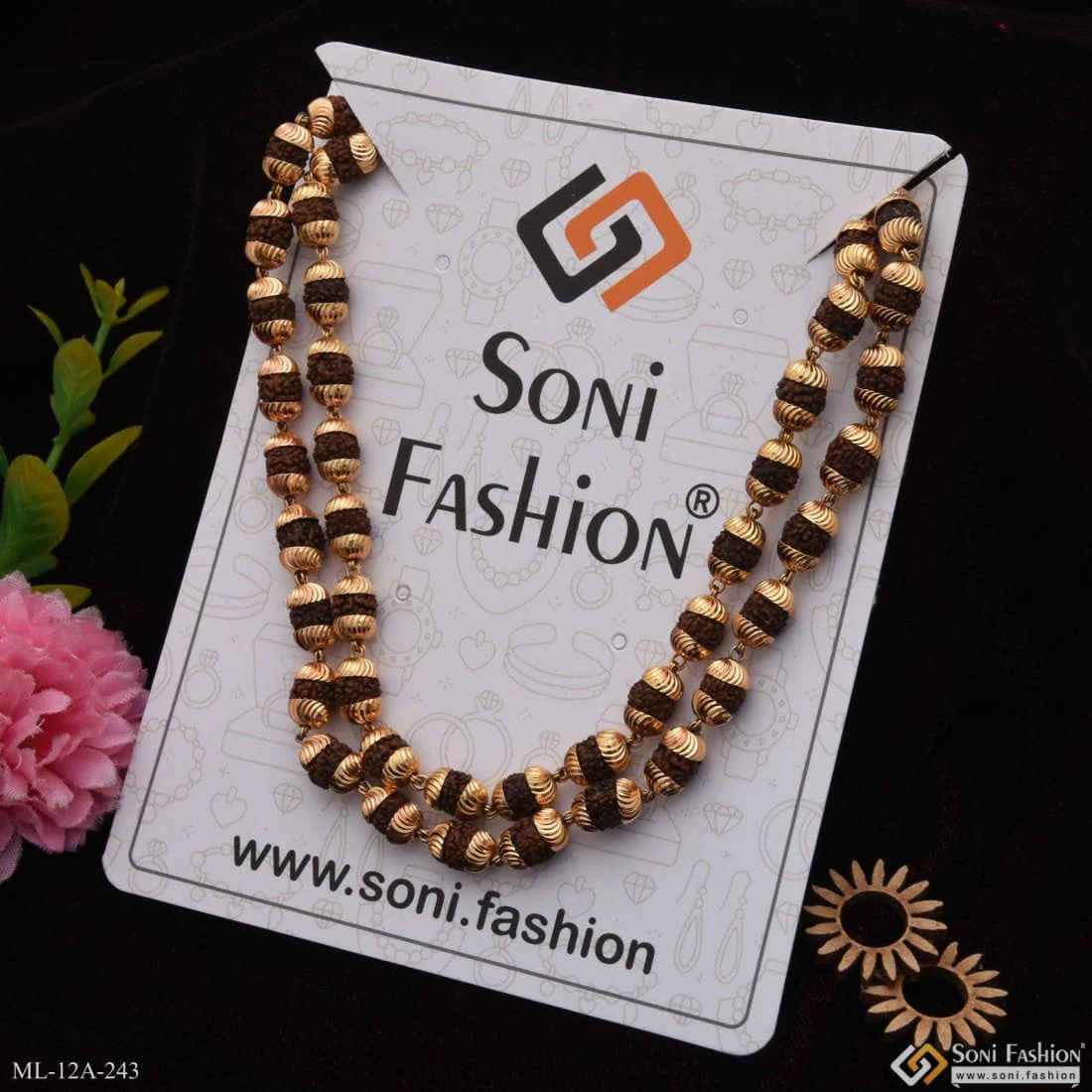 2 Line Stunning Design Superior Quality Gold Plated Rudraksha Mala - Style A243 - Image 3