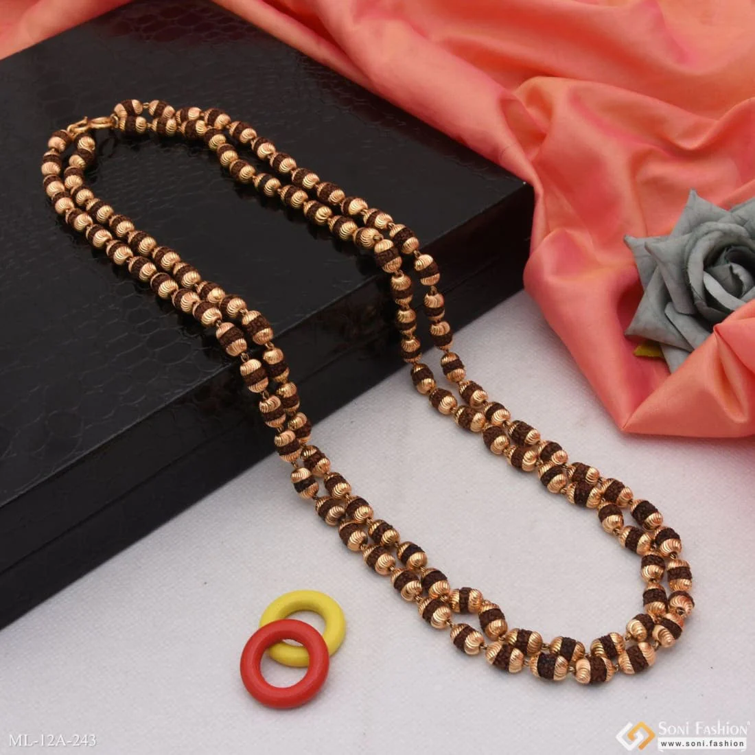 2 Line Stunning Design Superior Quality Gold Plated Rudraksha Mala - Style A243 - Image 5