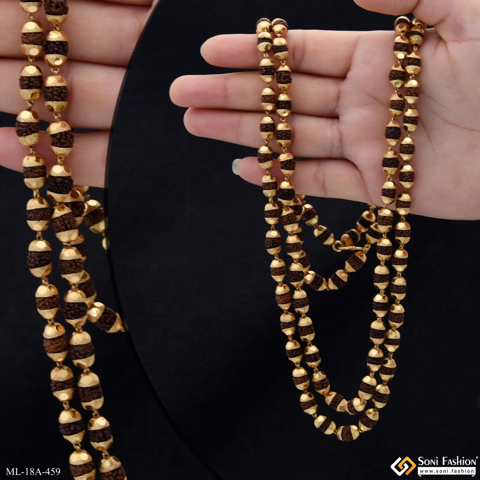 2 Line Stunning Design Superior Quality Gold Plated Rudraksha Mala - Style A459 - Image 2