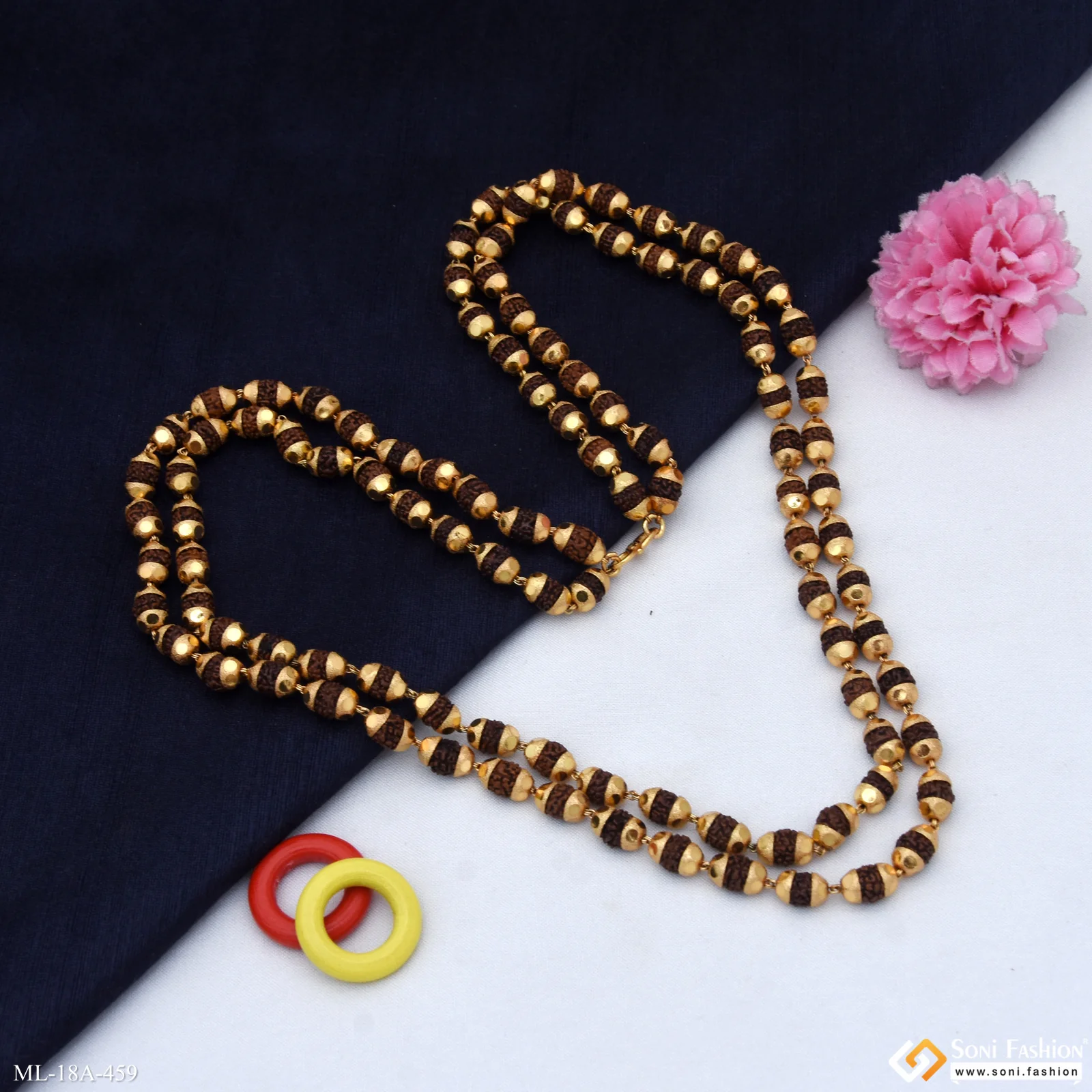 2 Line Stunning Design Superior Quality Gold Plated Rudraksha Mala - Style A459 - Image 3