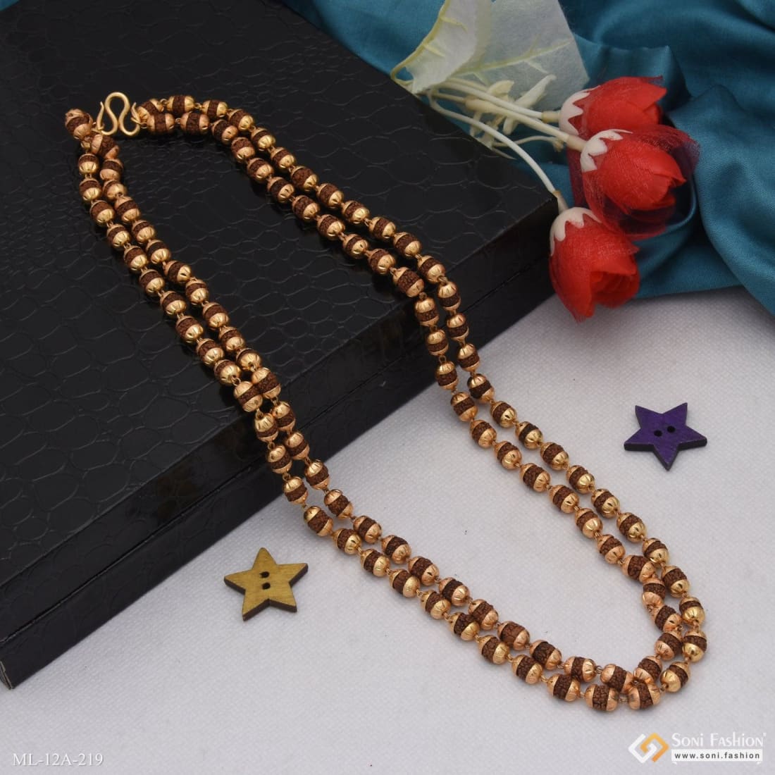 2 Line Superior Quality High-Class Design Gold Plated Rudraksha Mala - Style A219 - Image 6