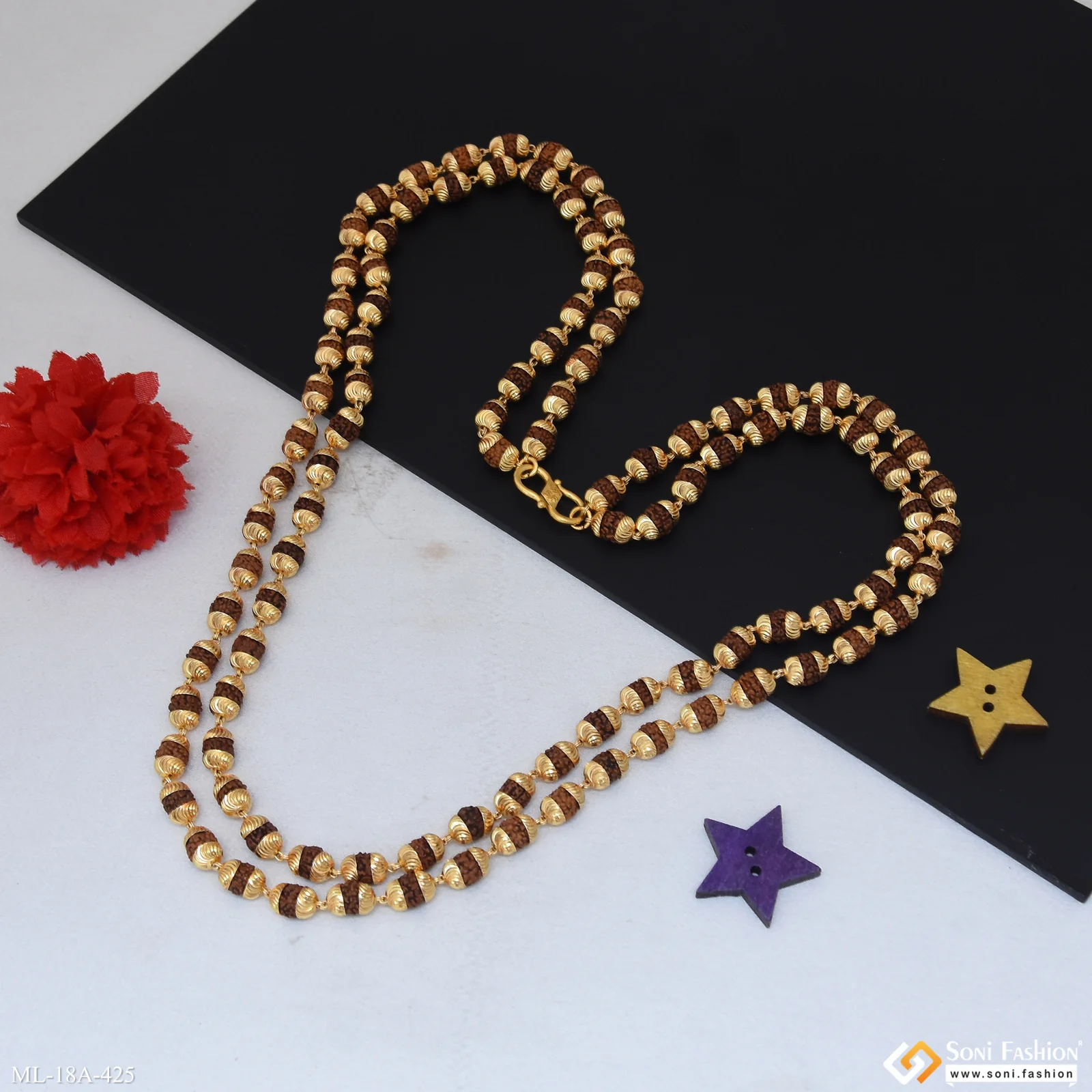 2 Line Trending Design Gold Plated Rudraksha Mala for Men - Style A425 - Image 4