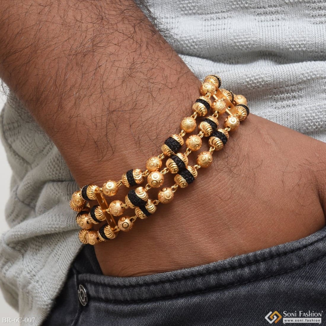 3 Line Attention-Getting Design Gold Plated Rudraksha Bracelet for Men - Style C007