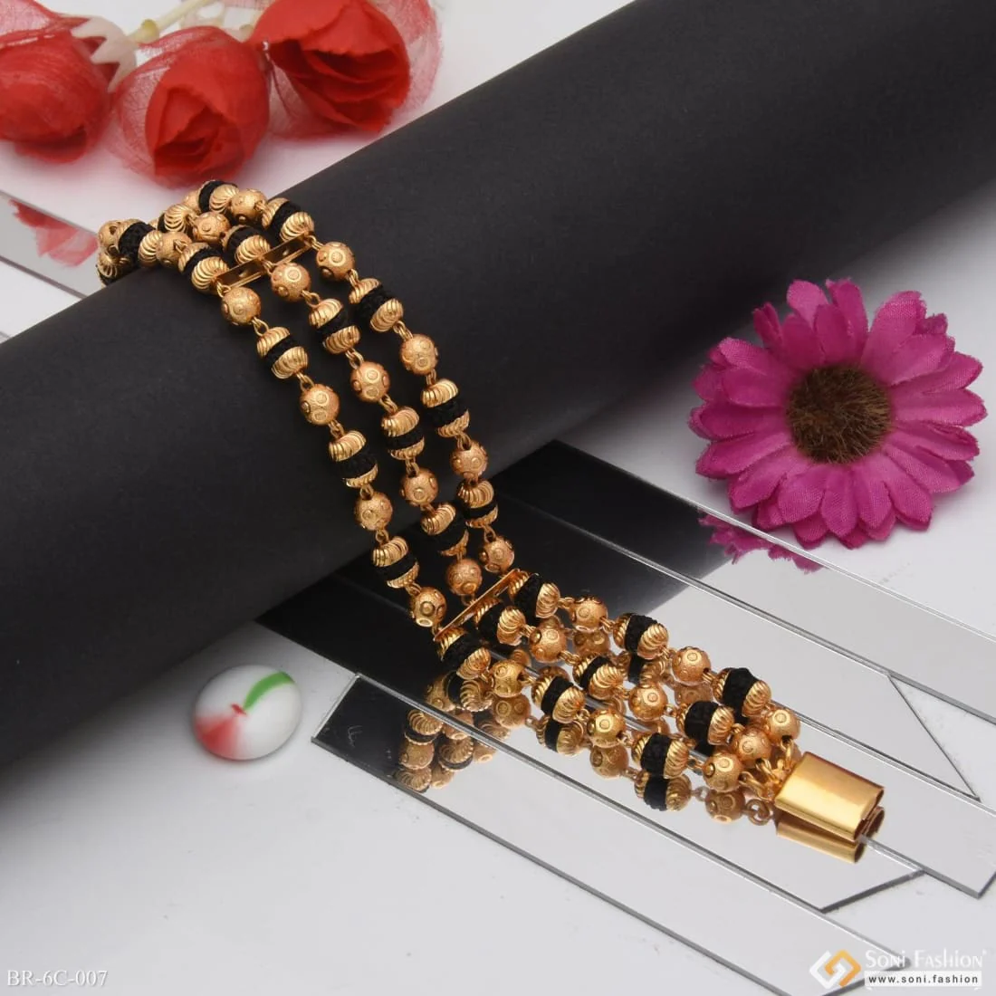 3 Line Attention-Getting Design Gold Plated Rudraksha Bracelet for Men - Style C007 - Image 3