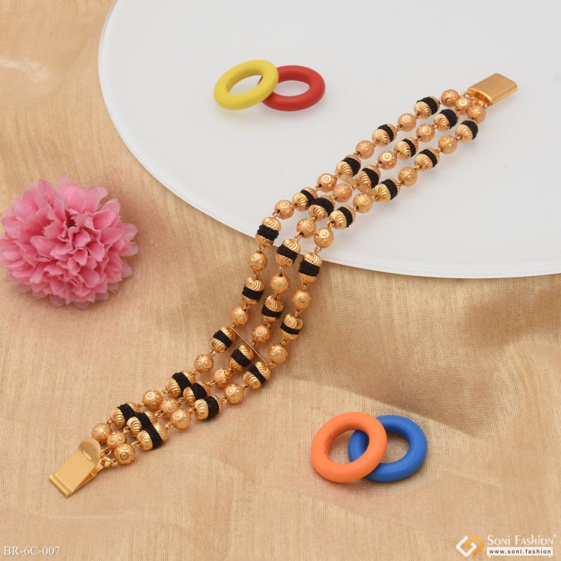 3 Line Attention-Getting Design Gold Plated Rudraksha Bracelet for Men - Style C007 - Image 4