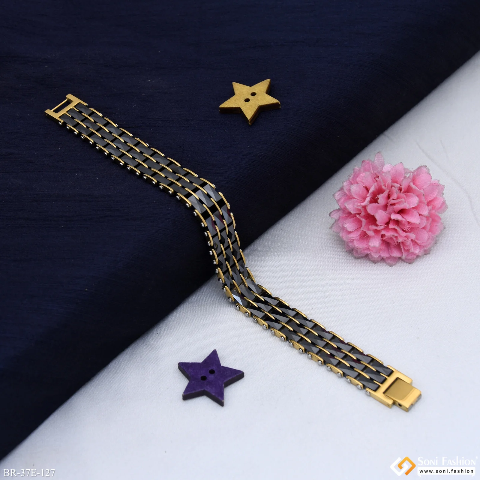 3 Line Black & Golden Color Ceramic Bracelet for Men - Style E127 - Image 3