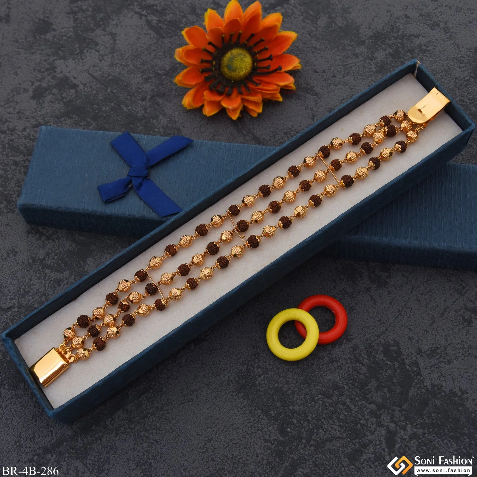 3 Line Brown Fancy Design High-Quality Gold Plated Rudraksha Bracelet - Style B286 - Image 3