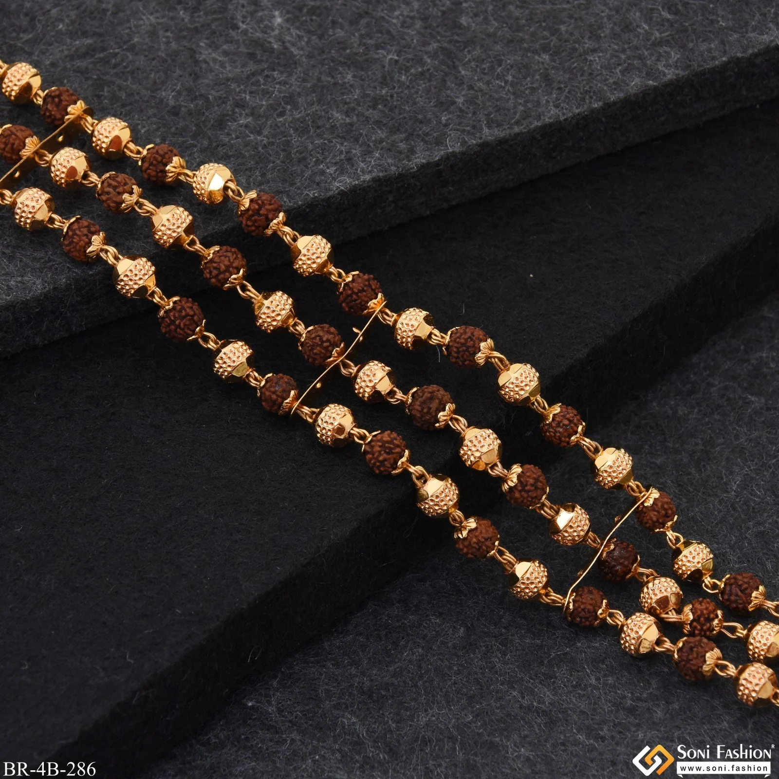 3 Line Brown Fancy Design High-Quality Gold Plated Rudraksha Bracelet - Style B286 - Image 4