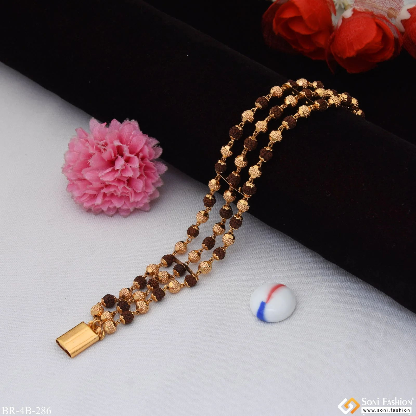 3 Line Brown Fancy Design High-Quality Gold Plated Rudraksha Bracelet - Style B286 - Image 5