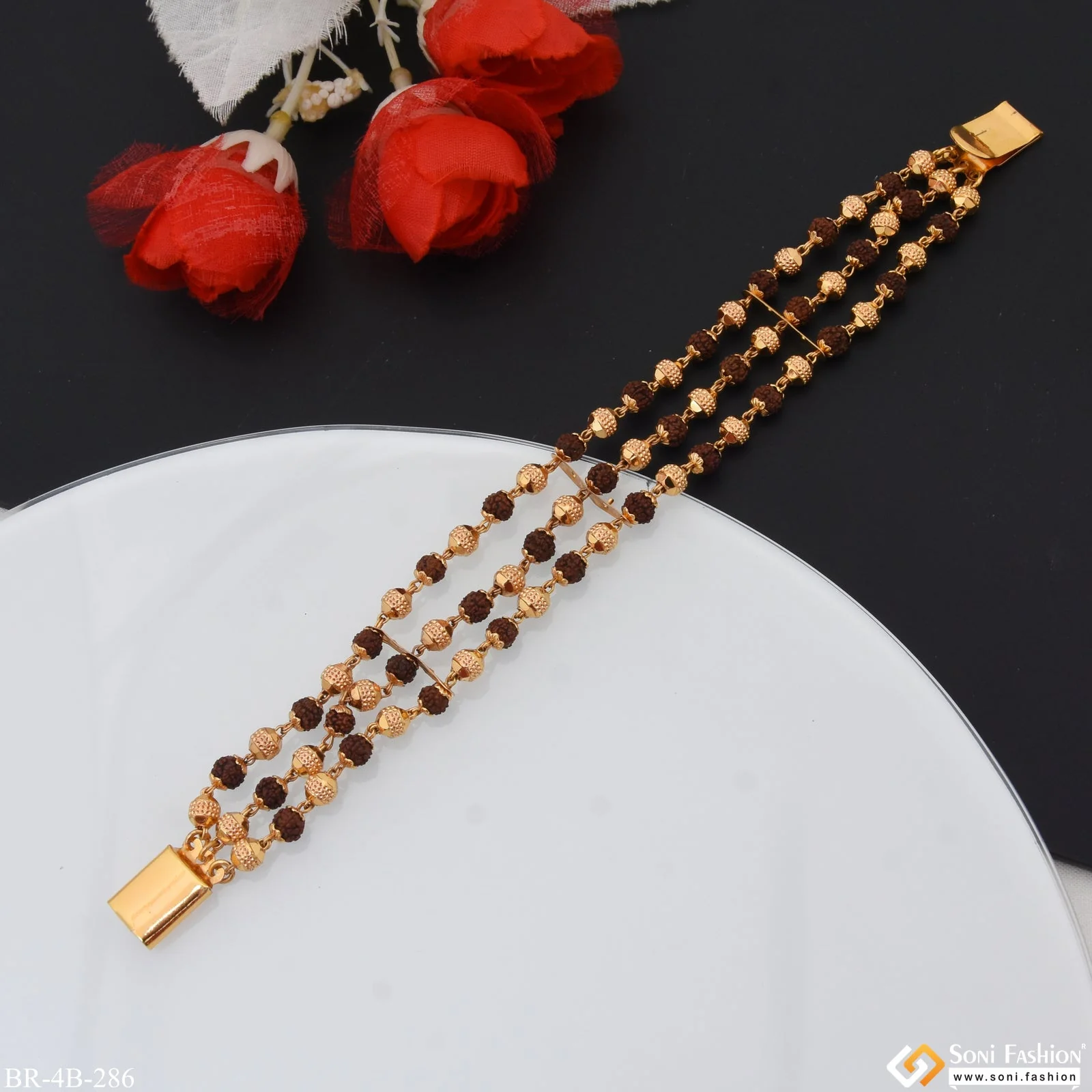 3 Line Brown Fancy Design High-Quality Gold Plated Rudraksha Bracelet - Style B286 - Image 6