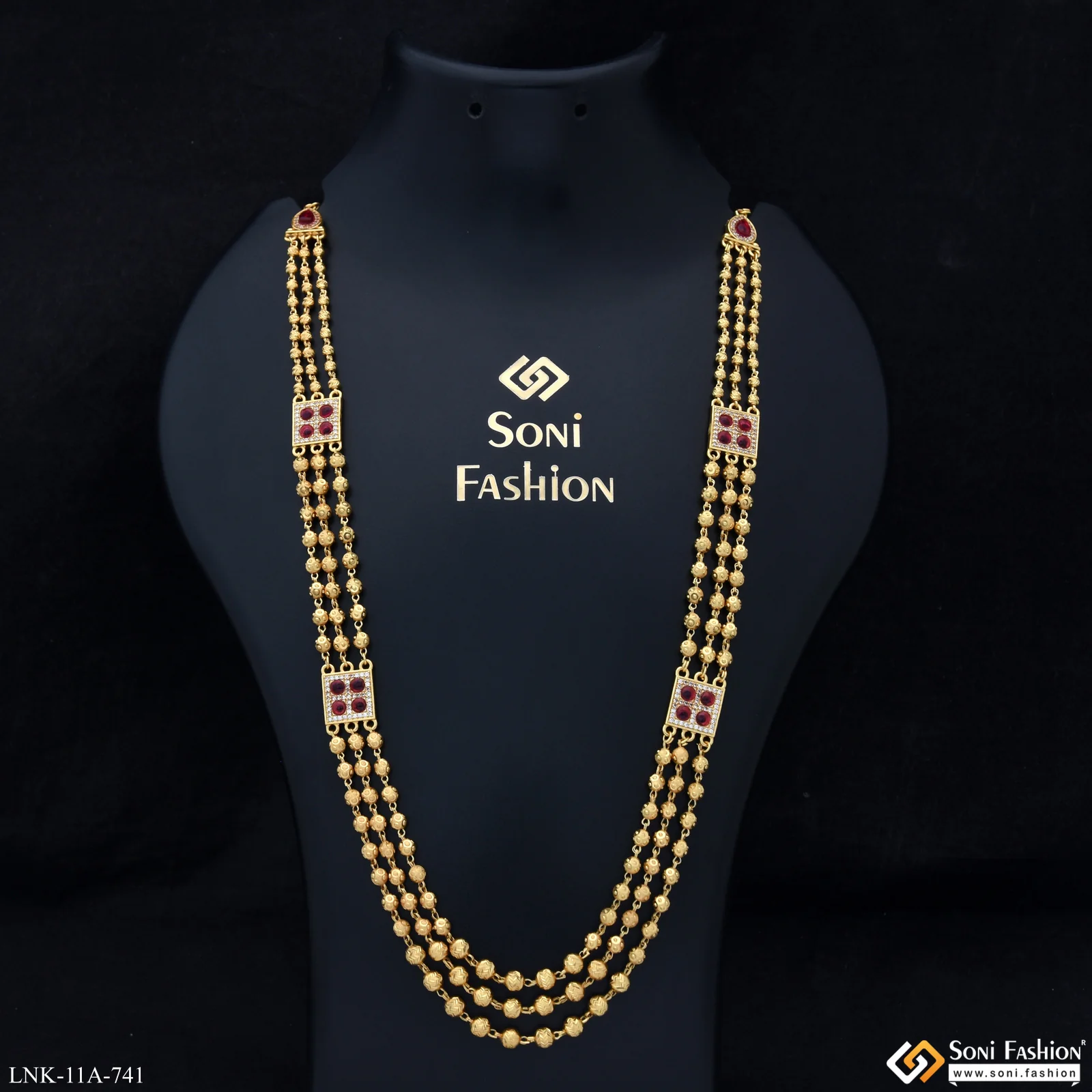 3 Line Gold Plated Brass Beaded Mala for Women - Style A741