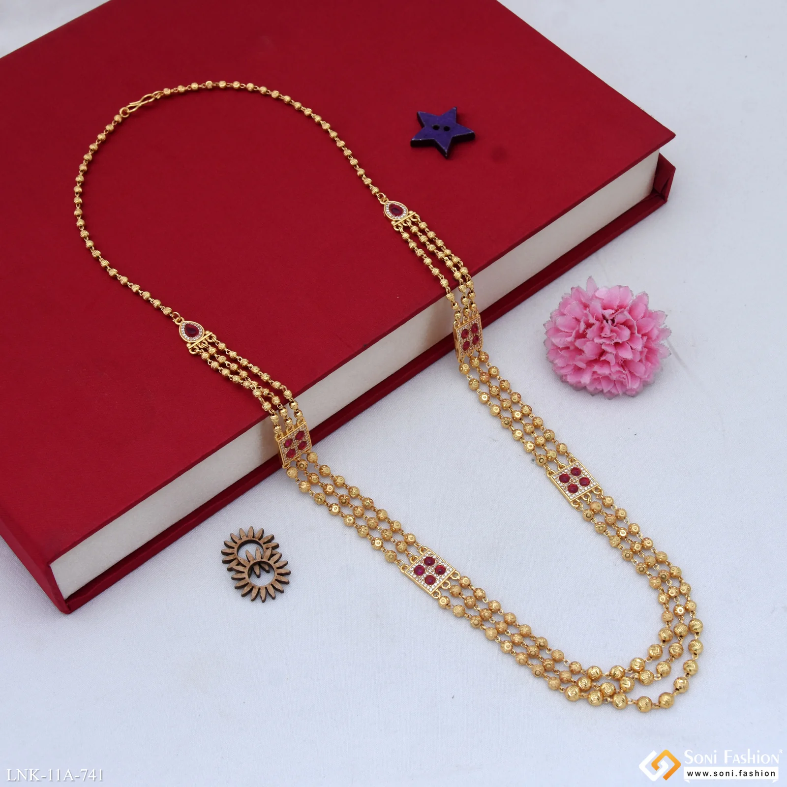 3 Line Gold Plated Brass Beaded Mala for Women - Style A741 - Image 5