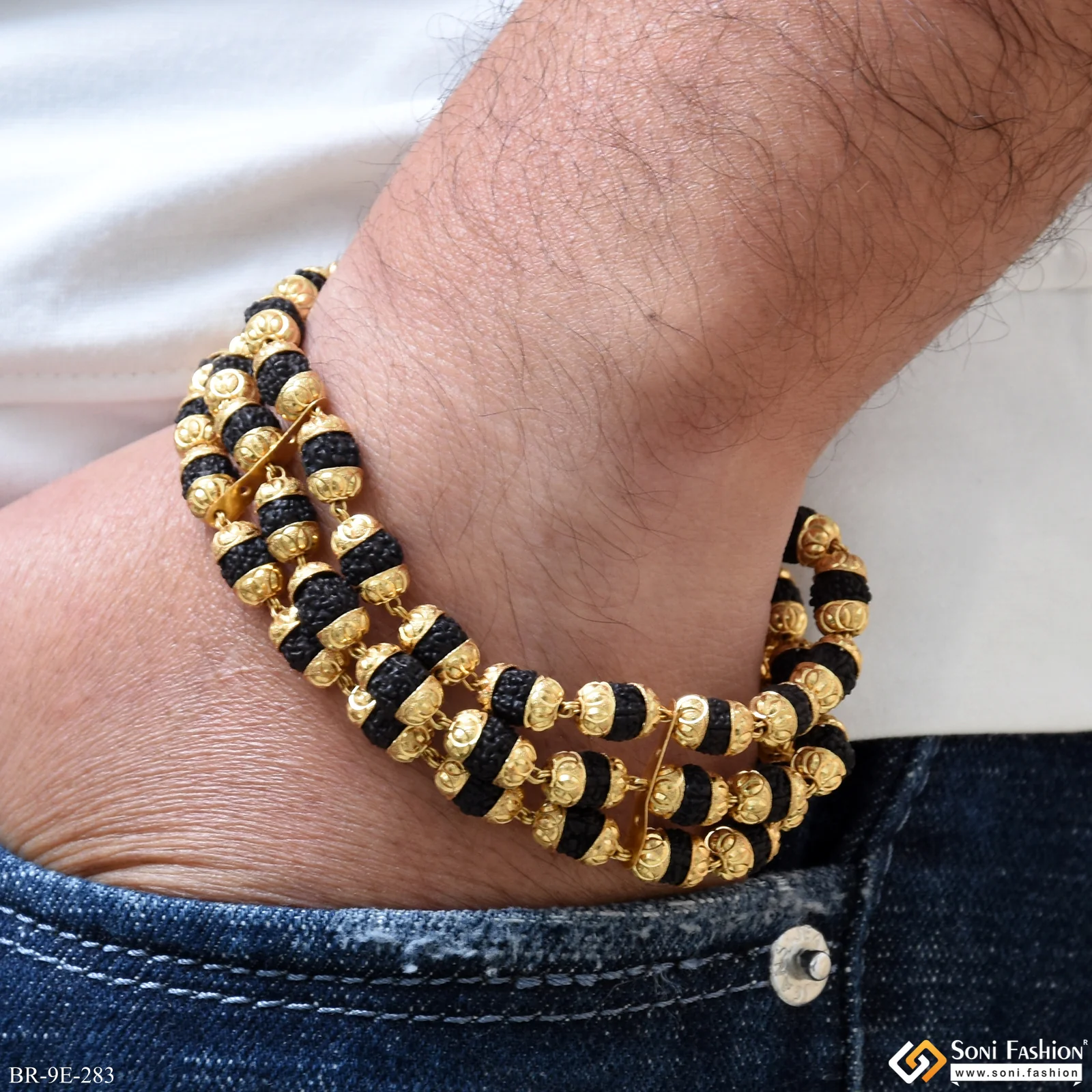 3 Line Gold Plated Rudraksha Bracelet for Men - Style E283