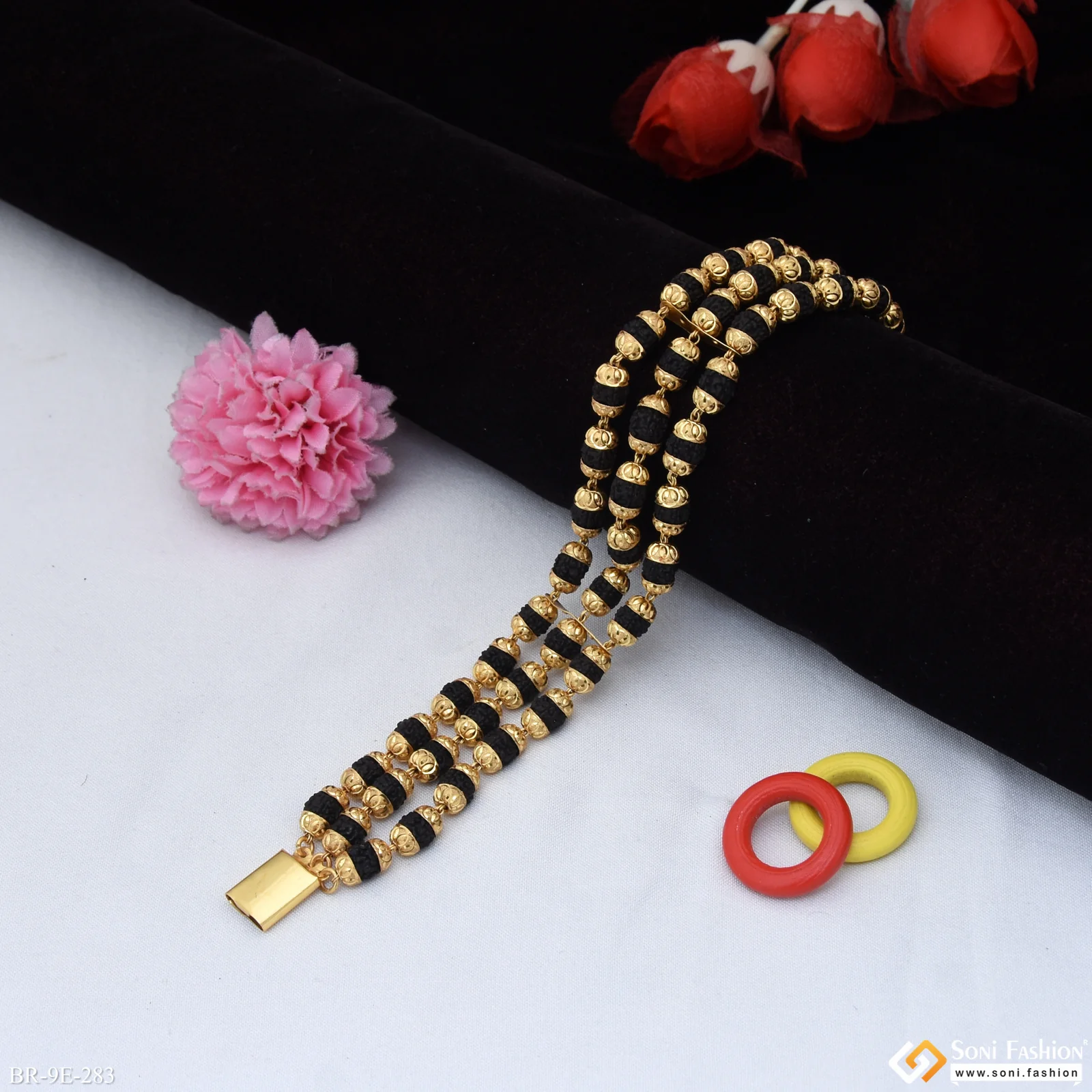 3 Line Gold Plated Rudraksha Bracelet for Men - Style E283 - Image 2
