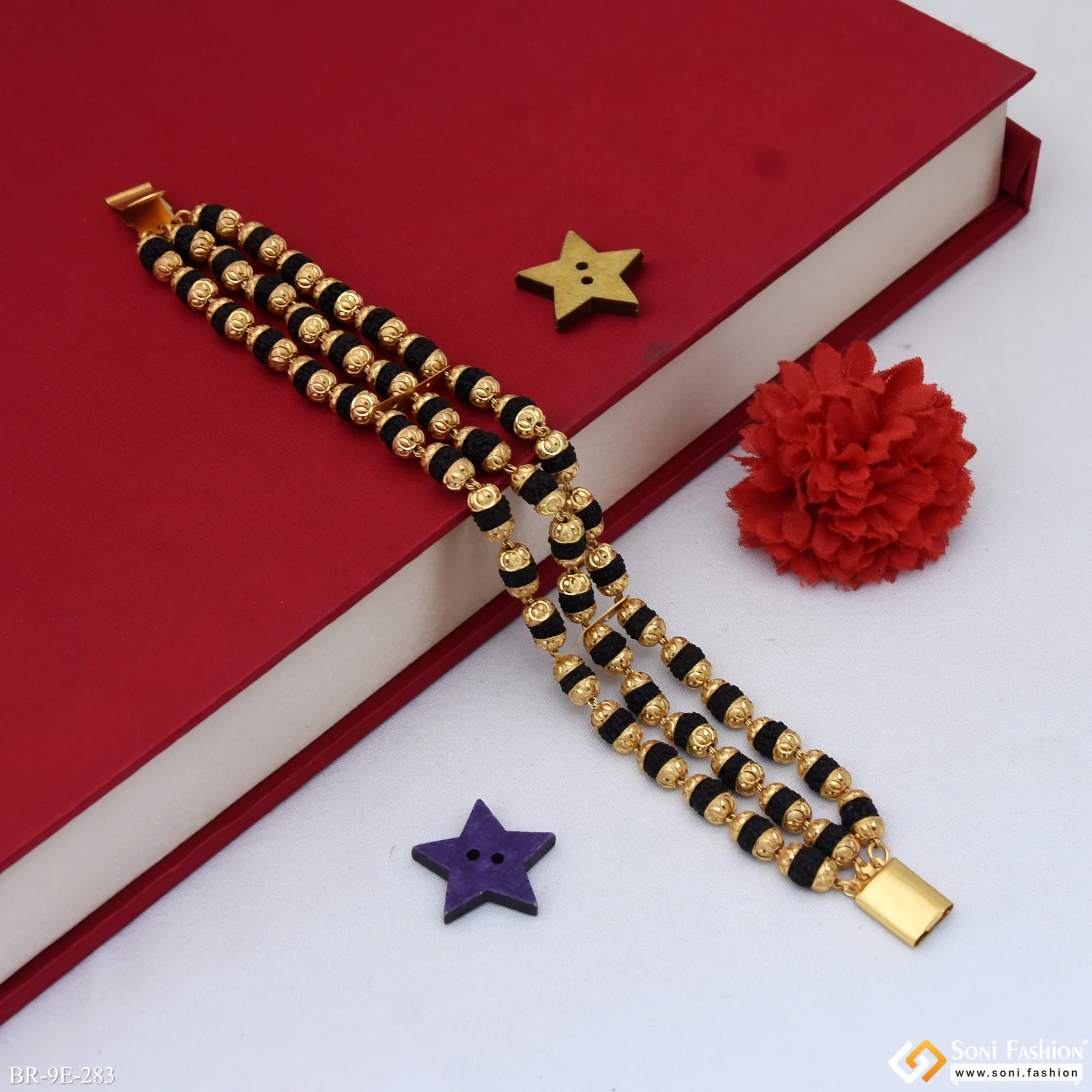 3 Line Gold Plated Rudraksha Bracelet for Men - Style E283 - Image 3