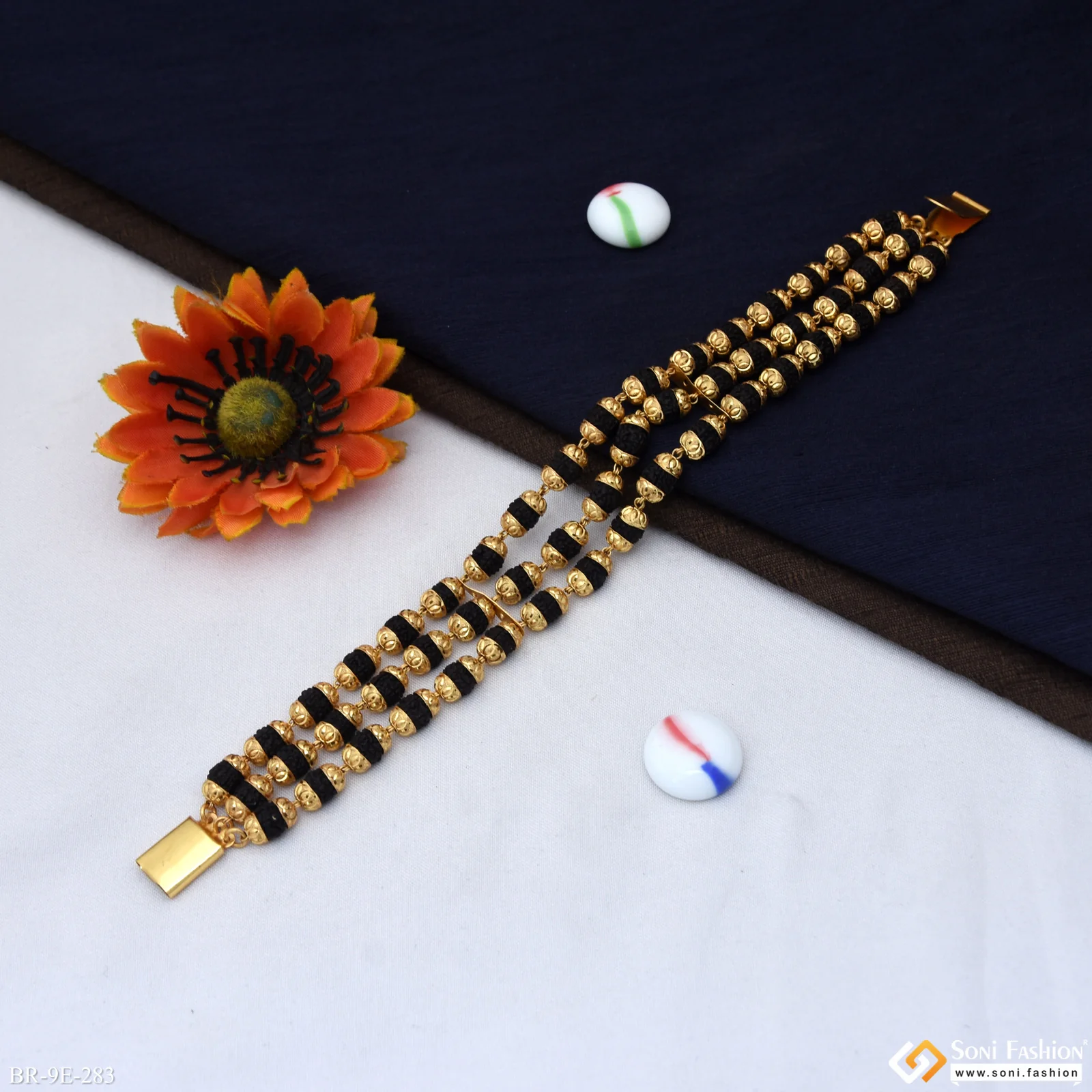 3 Line Gold Plated Rudraksha Bracelet for Men - Style E283 - Image 4