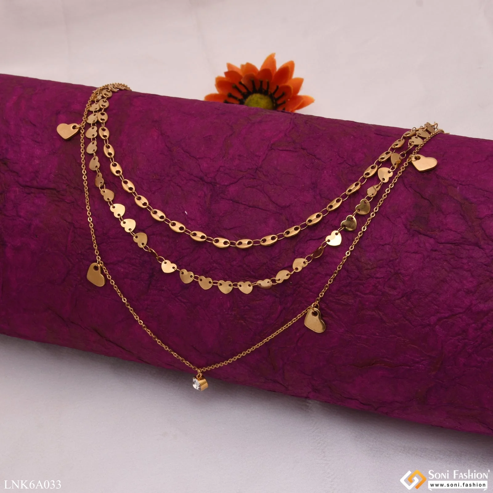 3 Line Heart Charming Design Golden Color Necklace for Women - Style LNKA033 - Image 4