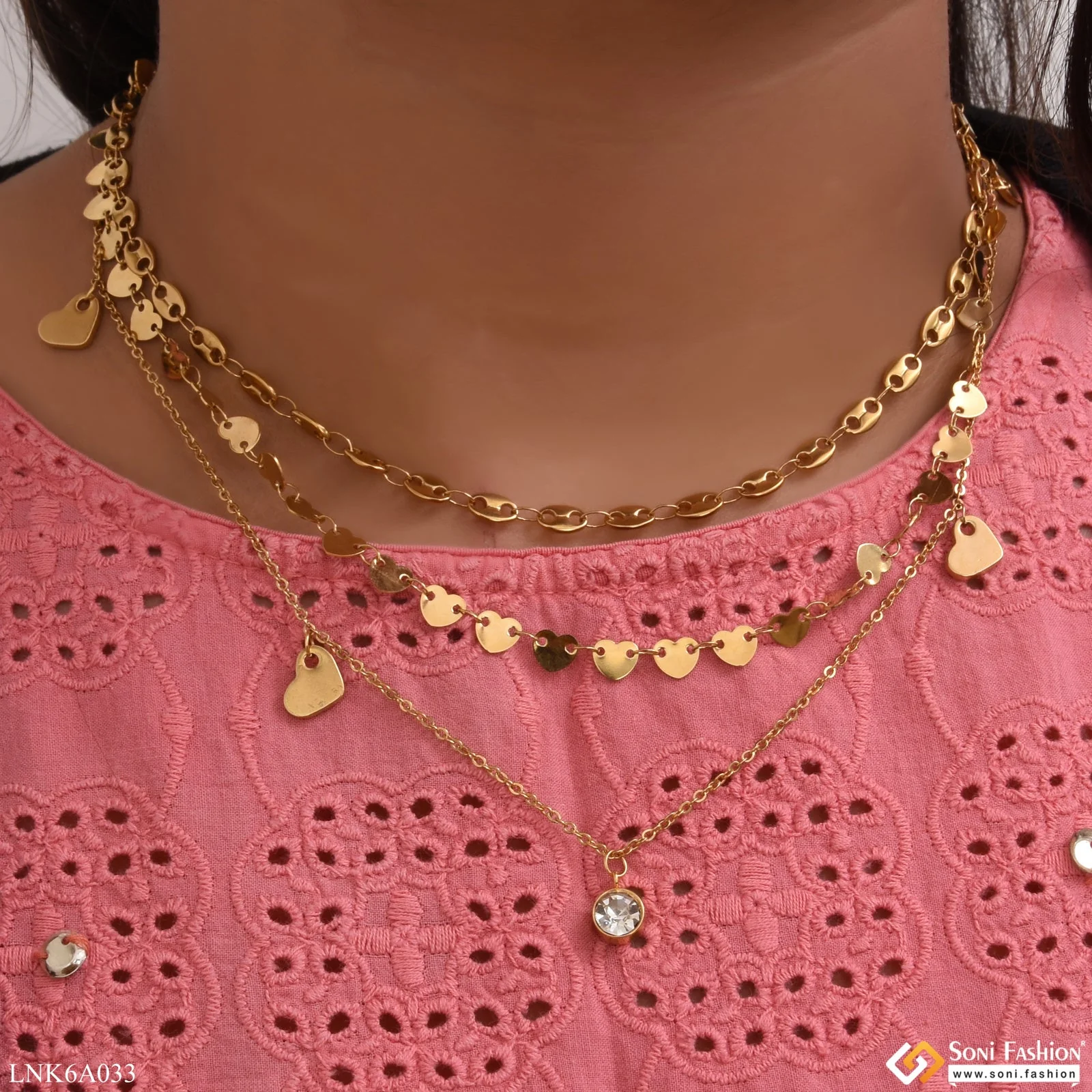 3 Line Heart Charming Design Golden Color Necklace for Women - Style LNKA033 - Image 5