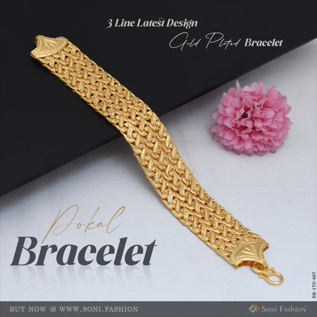 3 Line Latest Design Gold Plated Pokal Bracelet for Men - Style D697