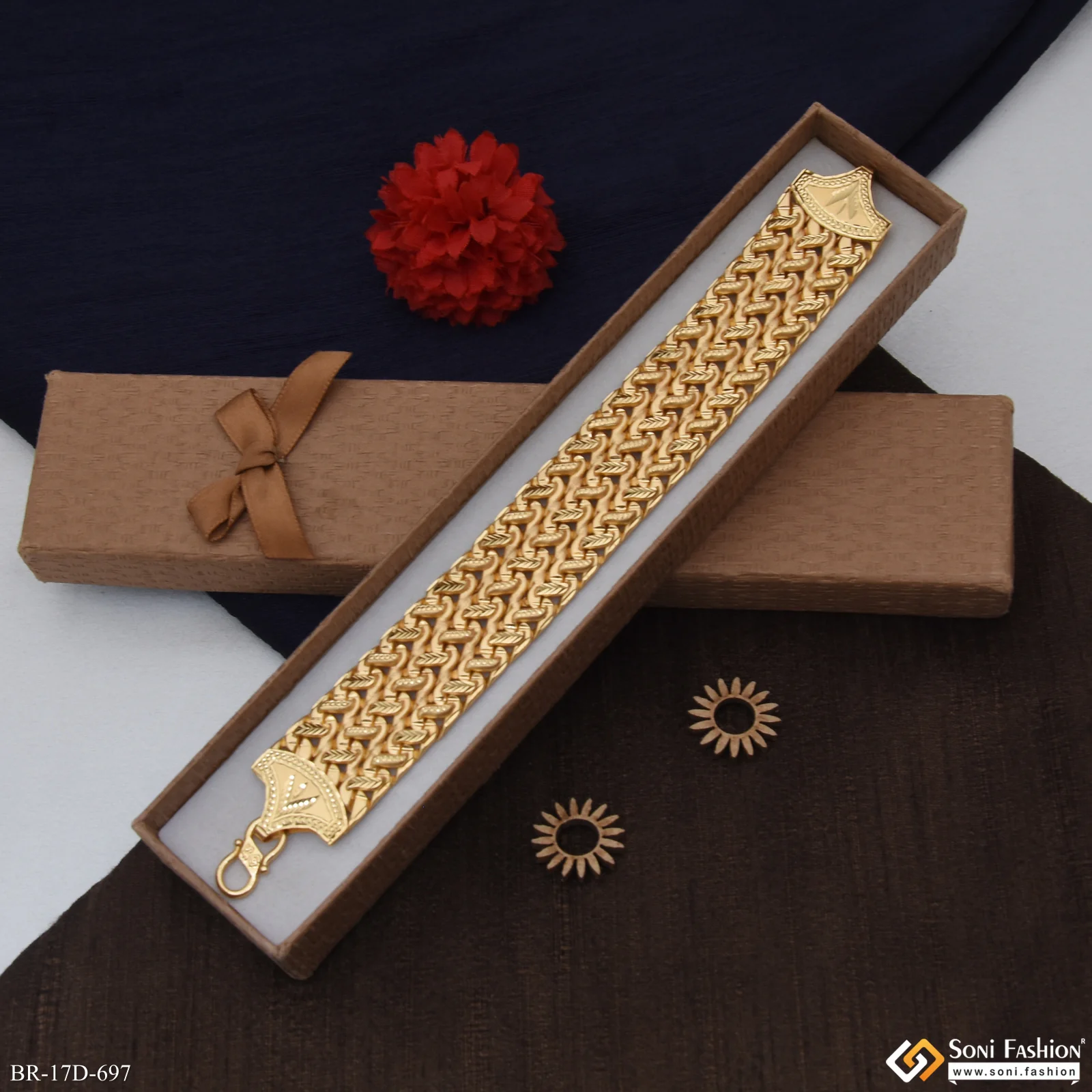 3 Line Latest Design Gold Plated Pokal Bracelet for Men - Style D697 - Image 3