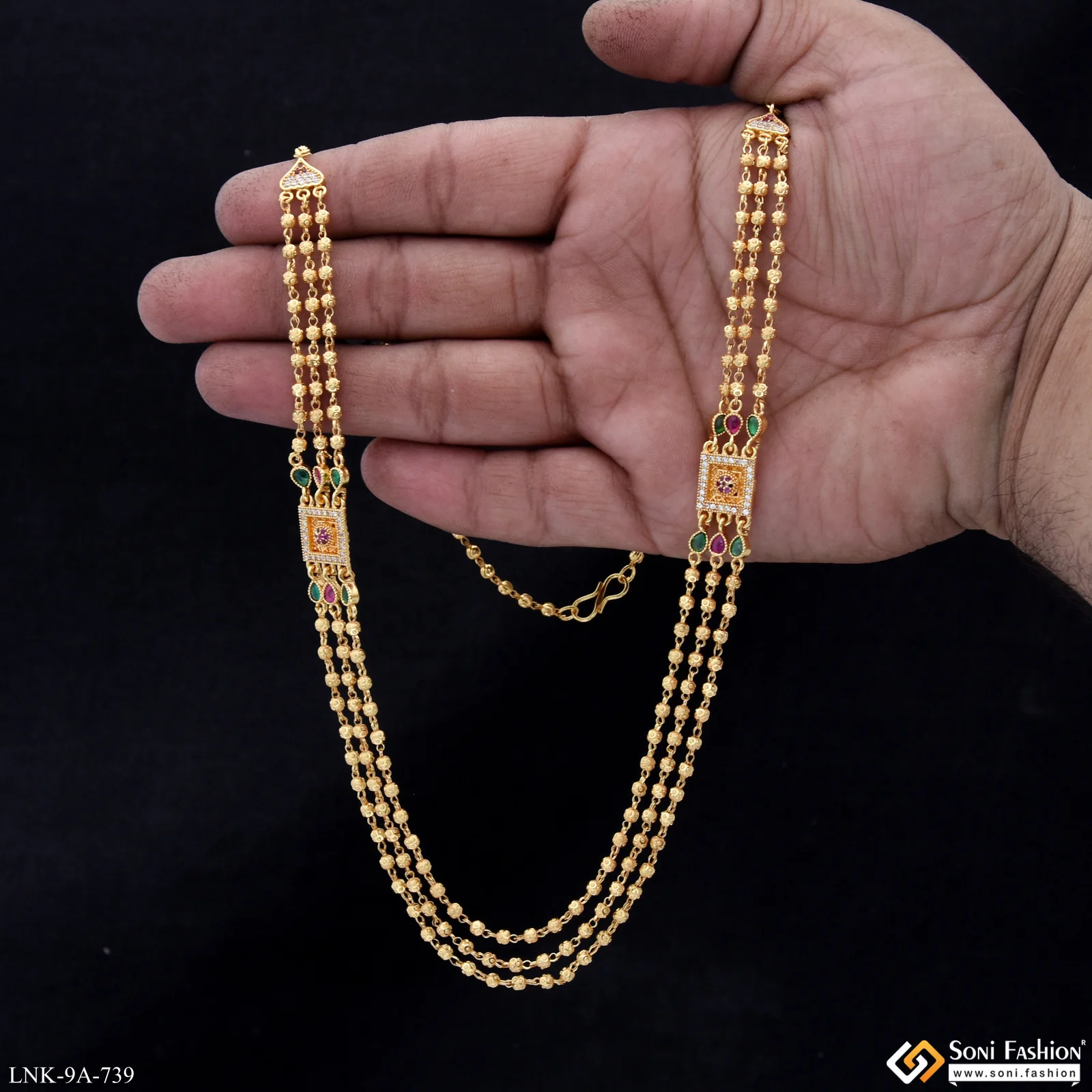3 Line Lovely Design Gold Plated Brass Beaded Mala for Women - Style A739 - Image 2