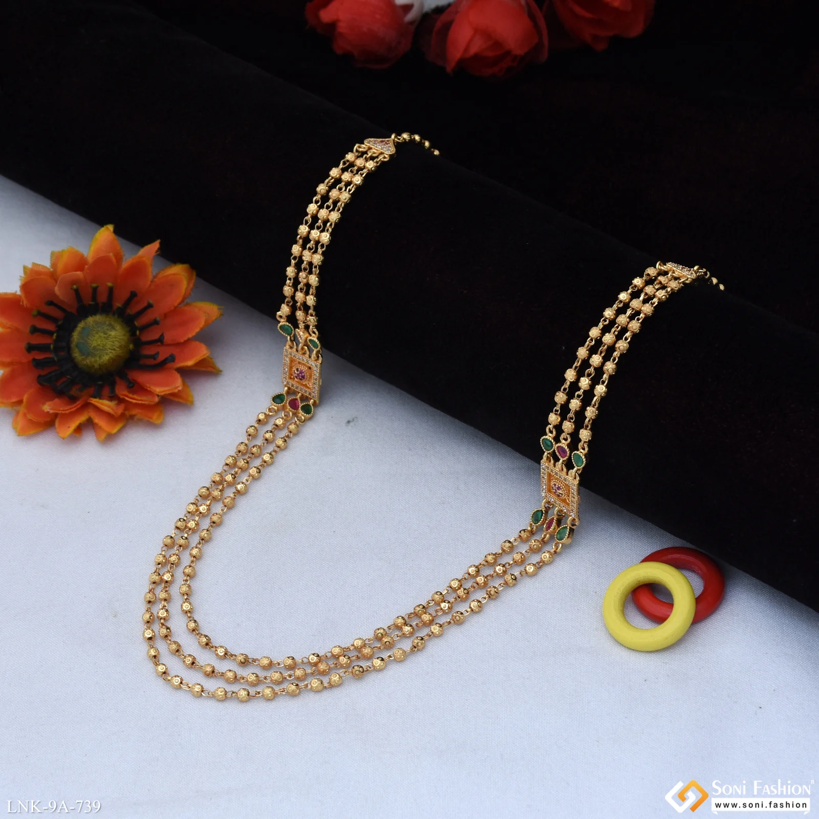 3 Line Lovely Design Gold Plated Brass Beaded Mala for Women - Style A739 - Image 3