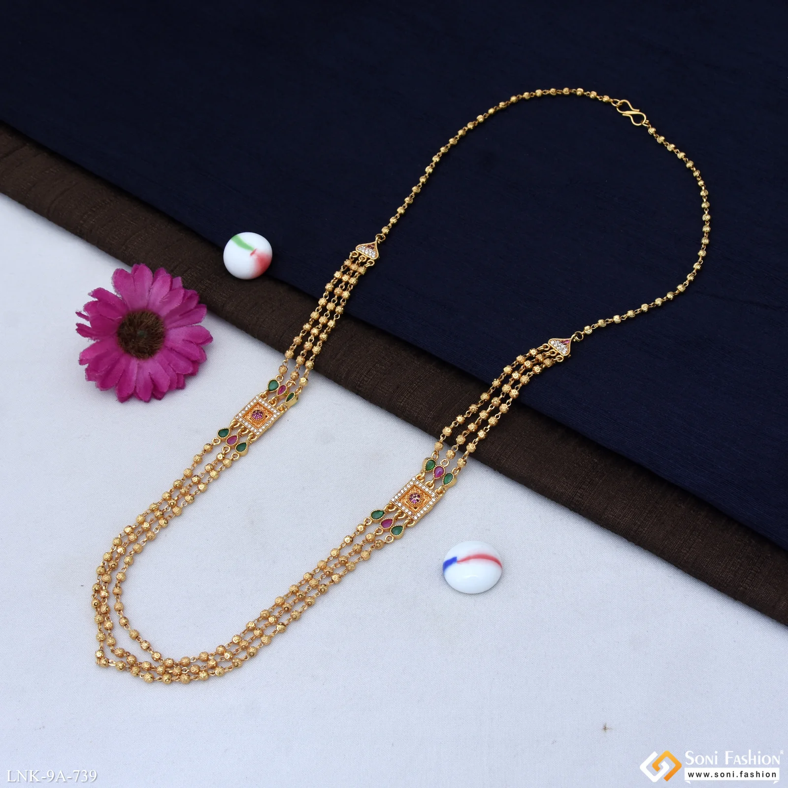 3 Line Lovely Design Gold Plated Brass Beaded Mala for Women - Style A739 - Image 4