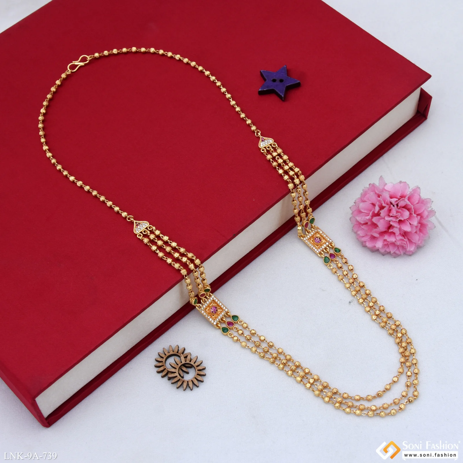 3 Line Lovely Design Gold Plated Brass Beaded Mala for Women - Style A739 - Image 5