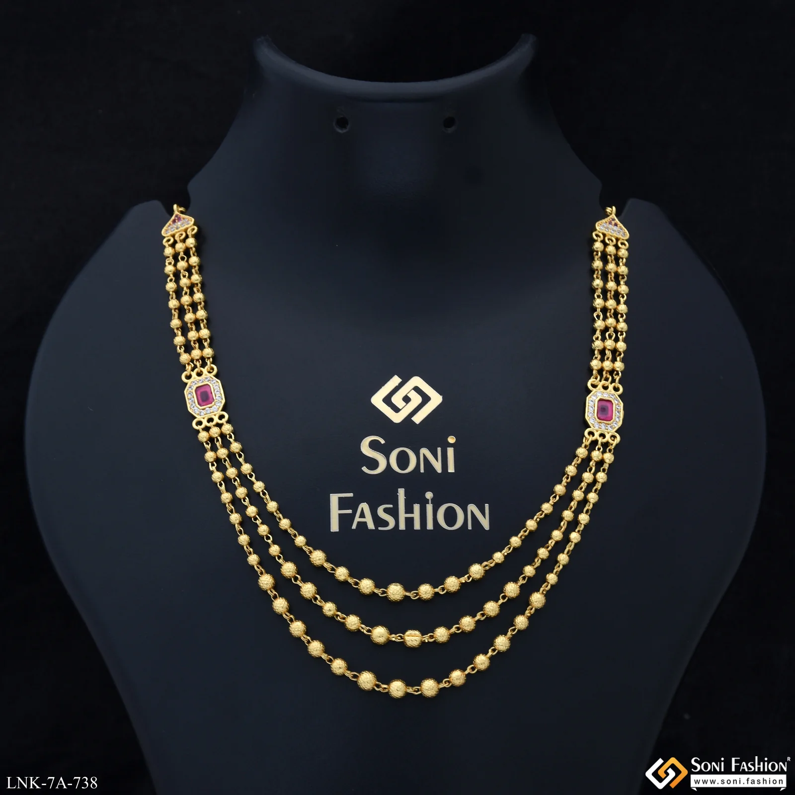 3 Line New Style Gold Plated Brass Beaded Mala for Women - Style A738