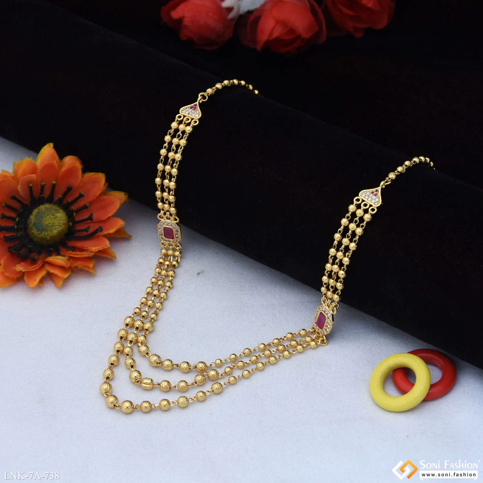 3 Line New Style Gold Plated Brass Beaded Mala for Women - Style A738 - Image 3