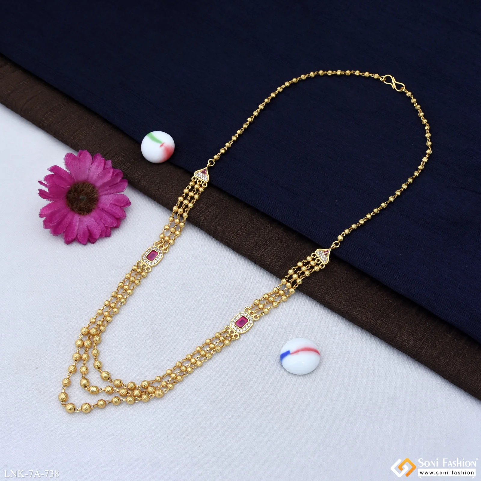 3 Line New Style Gold Plated Brass Beaded Mala for Women - Style A738 - Image 4