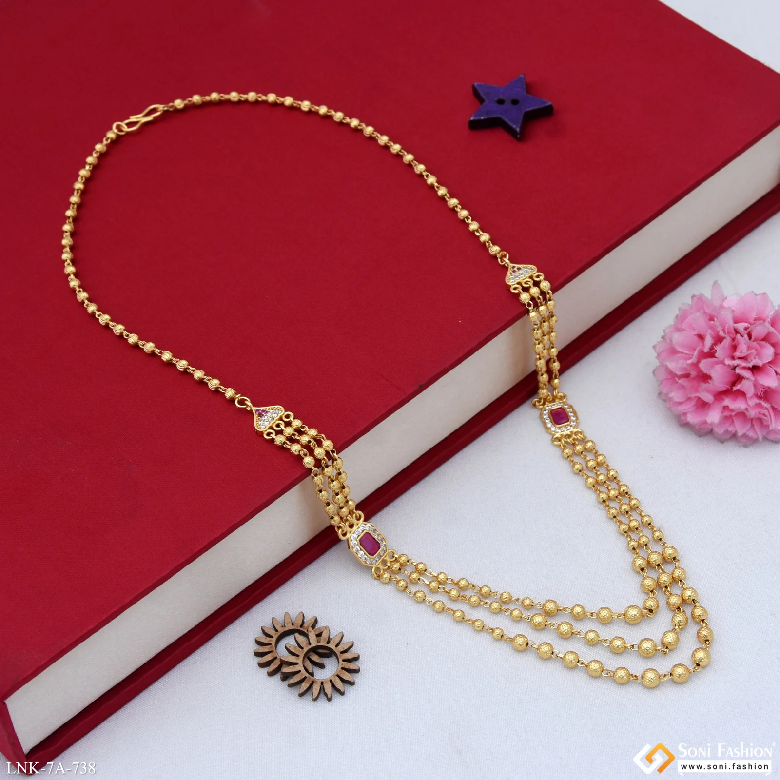 3 Line New Style Gold Plated Brass Beaded Mala for Women - Style A738 - Image 5