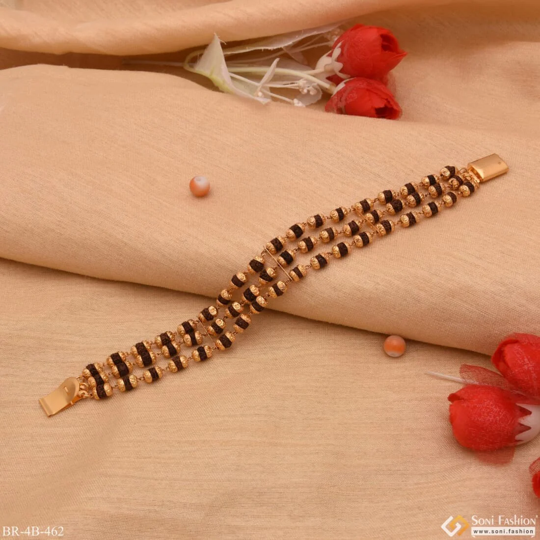 3 Line Rudraksh Superior Quality Gold Plated Bracelet for Men - Style B462 - Image 3