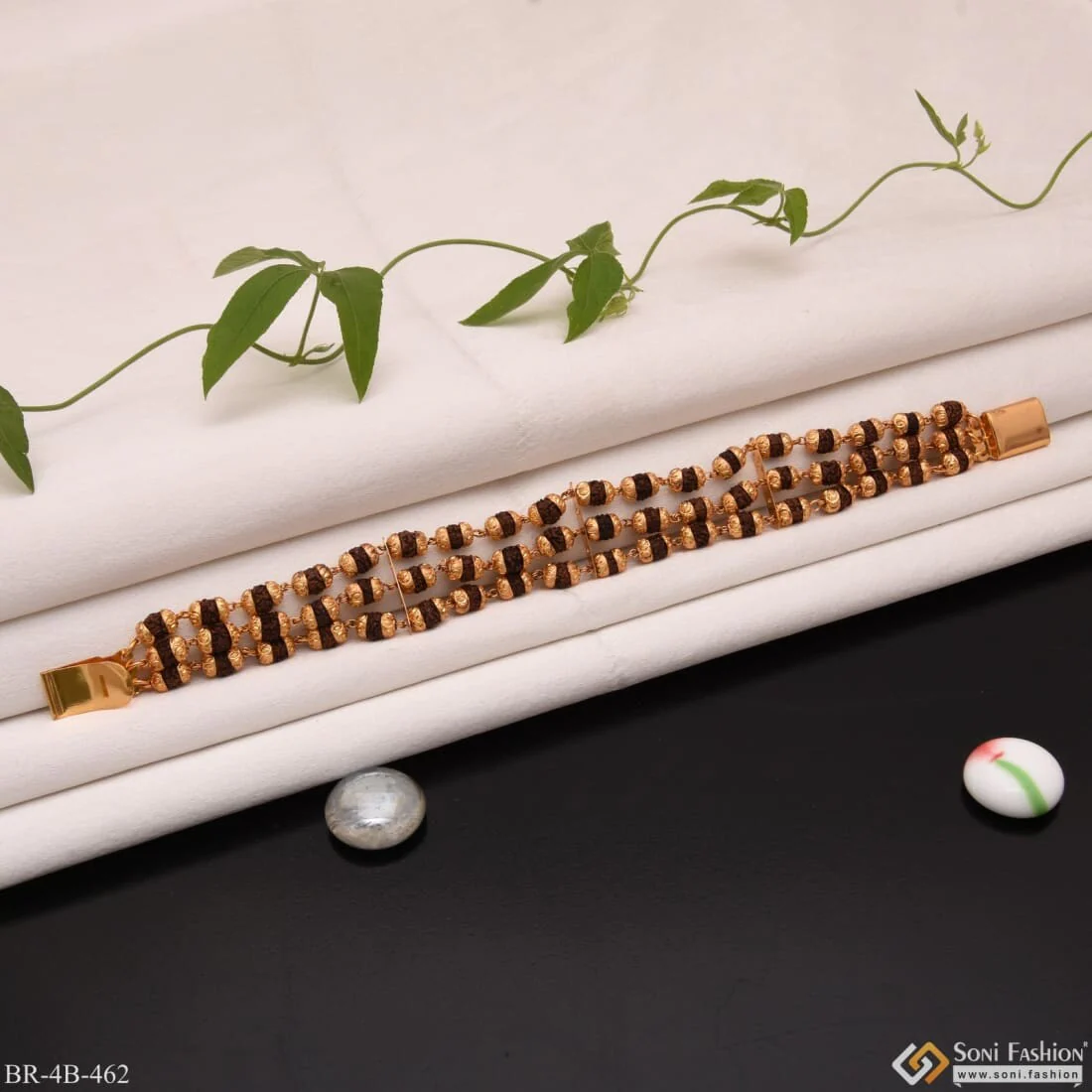 3 Line Rudraksh Superior Quality Gold Plated Bracelet for Men - Style B462 - Image 4