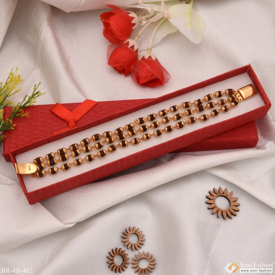 3 Line Rudraksh Superior Quality Gold Plated Bracelet for Men - Style B462 - Image 5