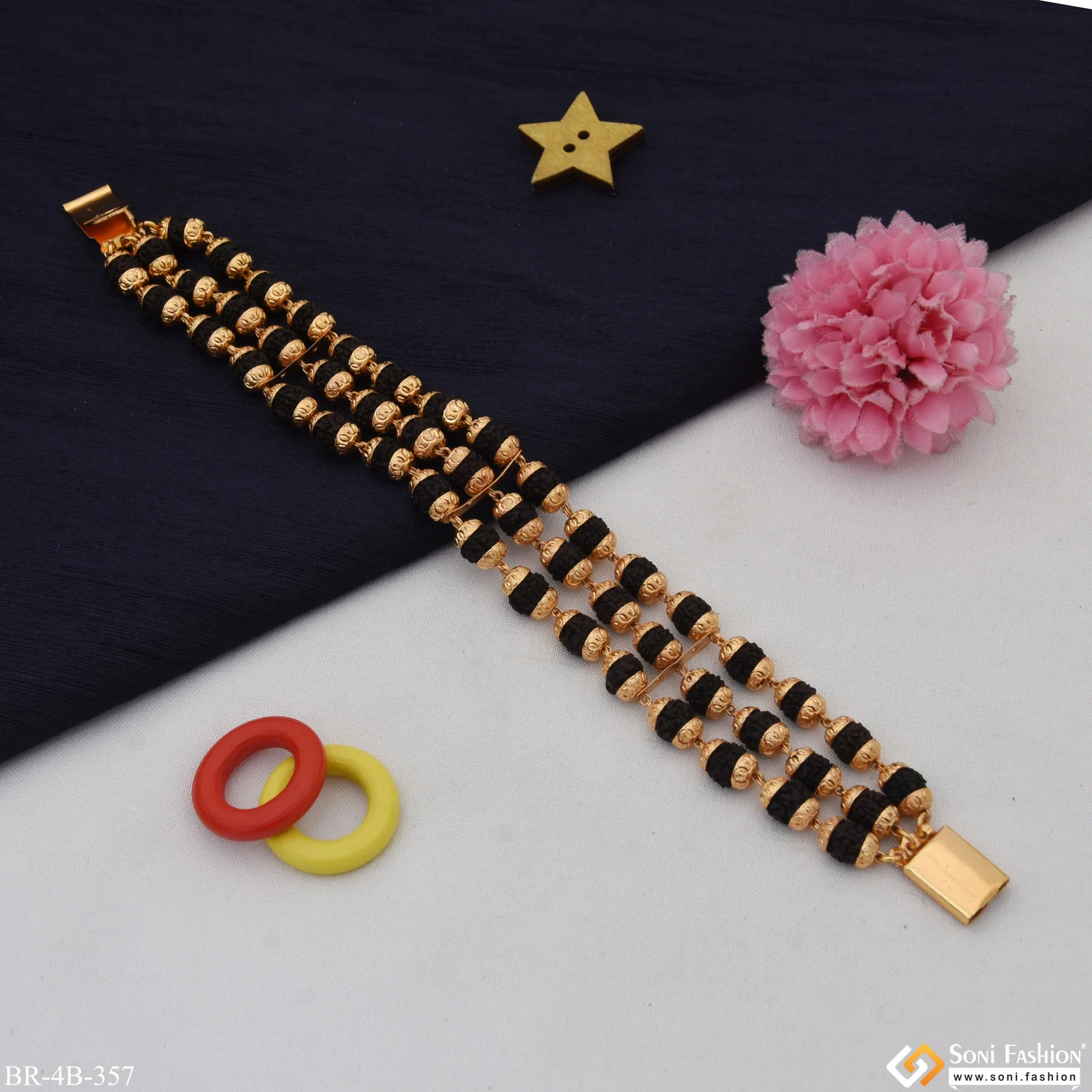 3 Line Rudraksha Decorative Design Best Quality Gold Plated Bracelet - Style B357 - Image 3