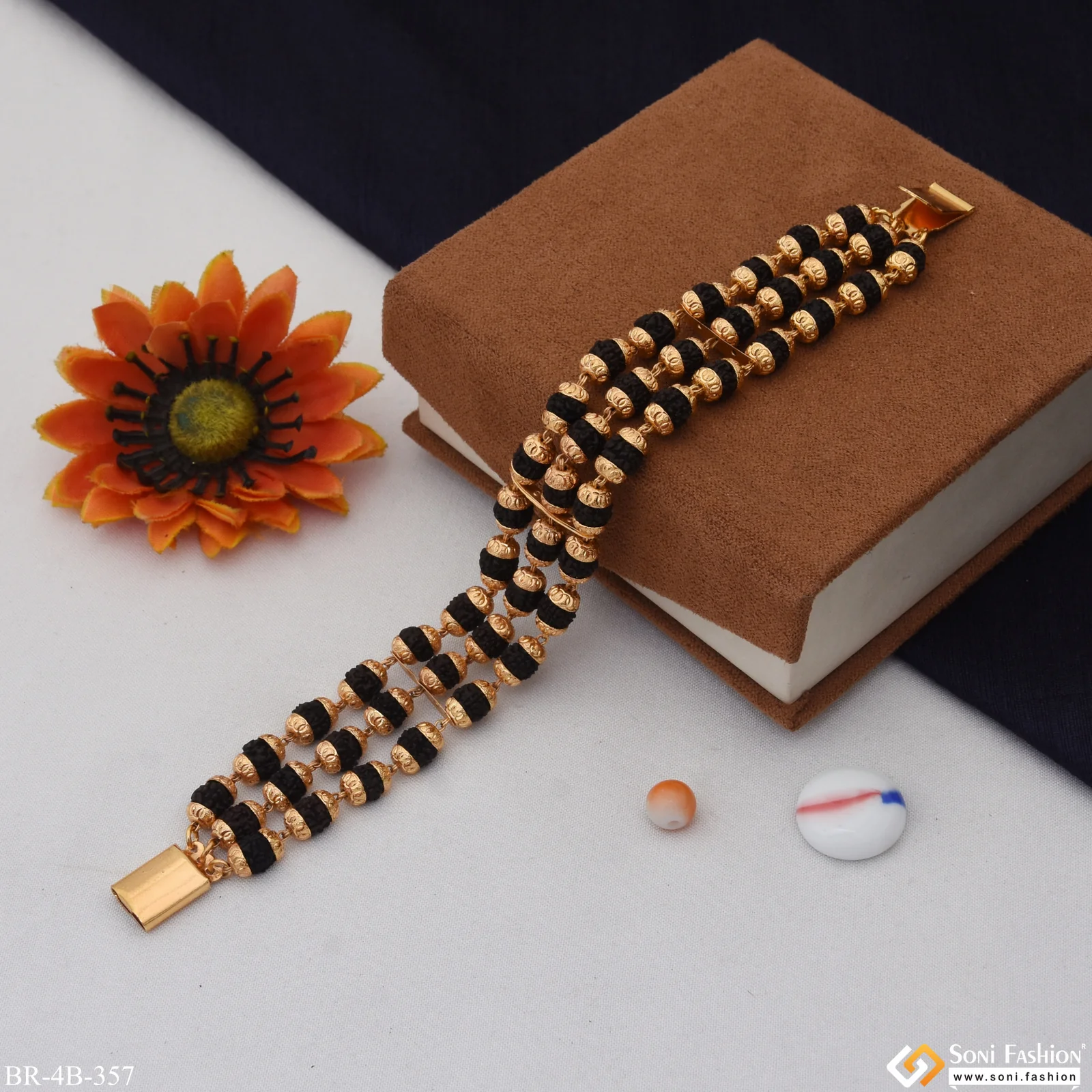 3 Line Rudraksha Decorative Design Best Quality Gold Plated Bracelet - Style B357 - Image 4