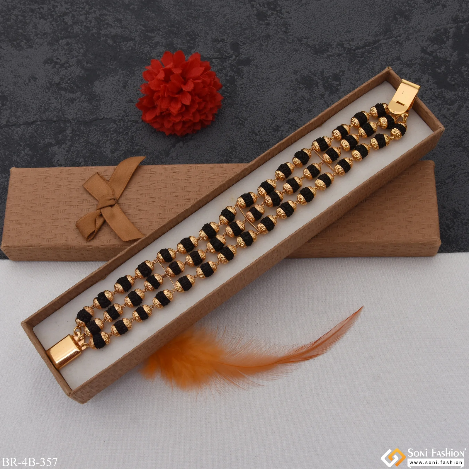 3 Line Rudraksha Decorative Design Best Quality Gold Plated Bracelet - Style B357 - Image 5