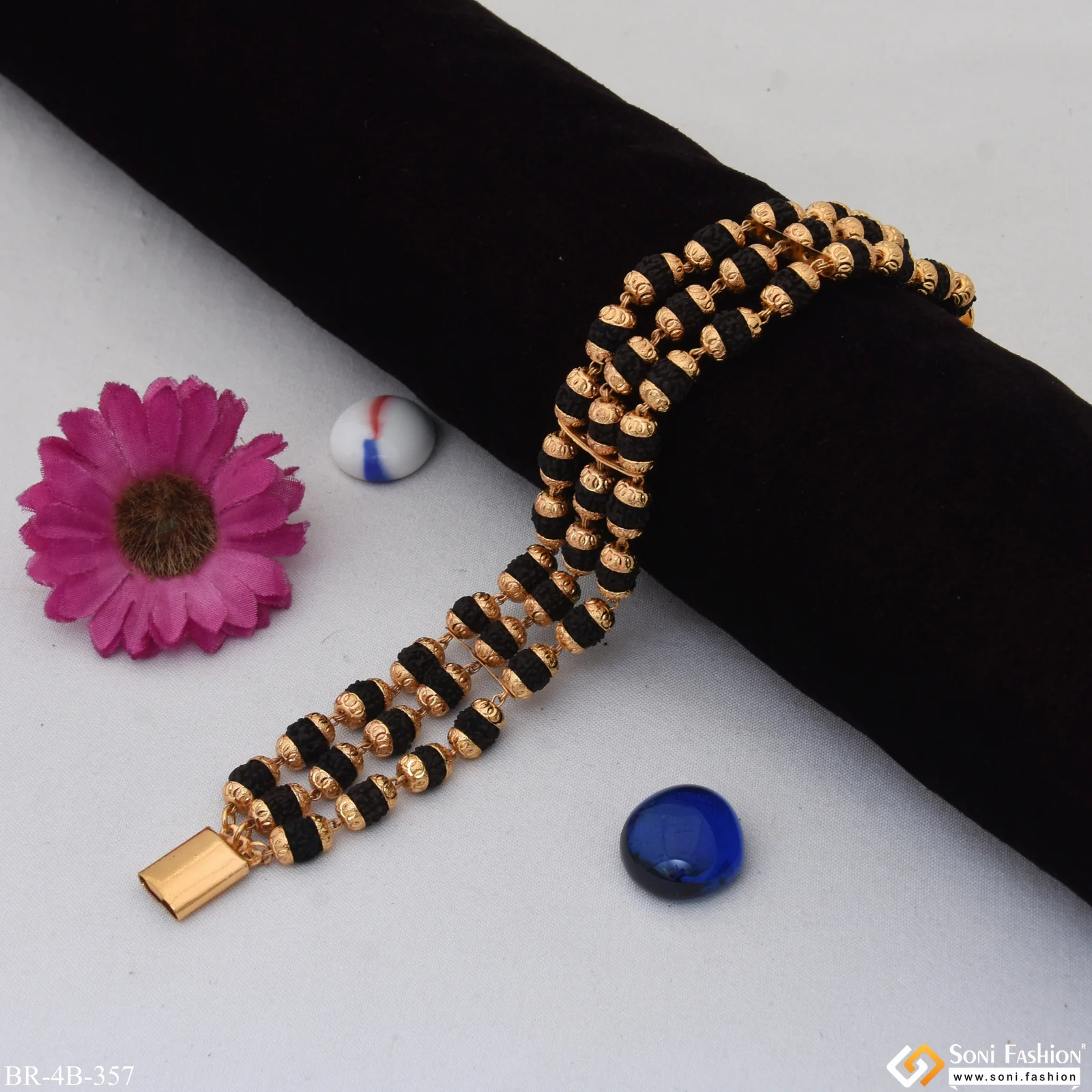 3 Line Rudraksha Decorative Design Best Quality Gold Plated Bracelet - Style B357 - Image 6