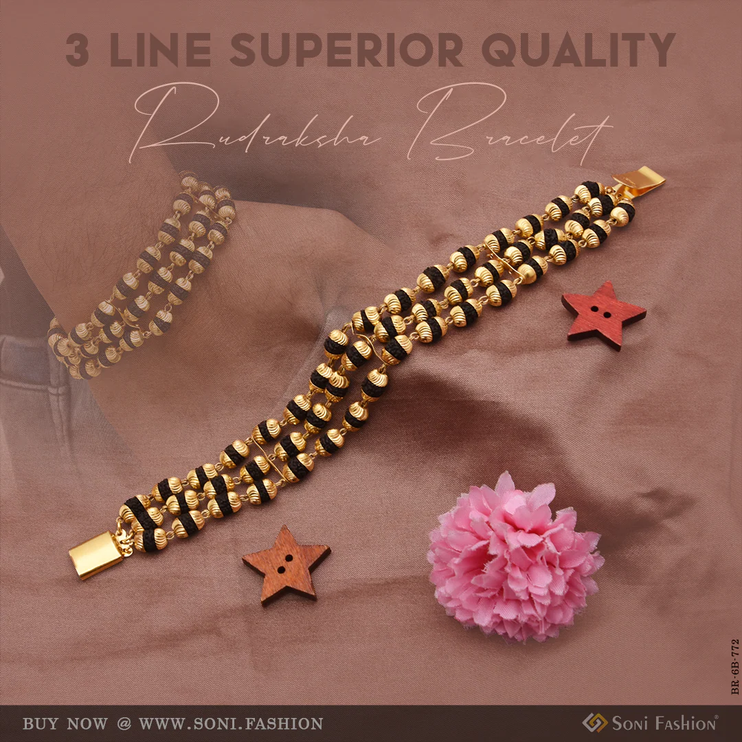 3 Line Superior Quality Graceful Design Gold Plated Rudraksha Bracelet - Style B772