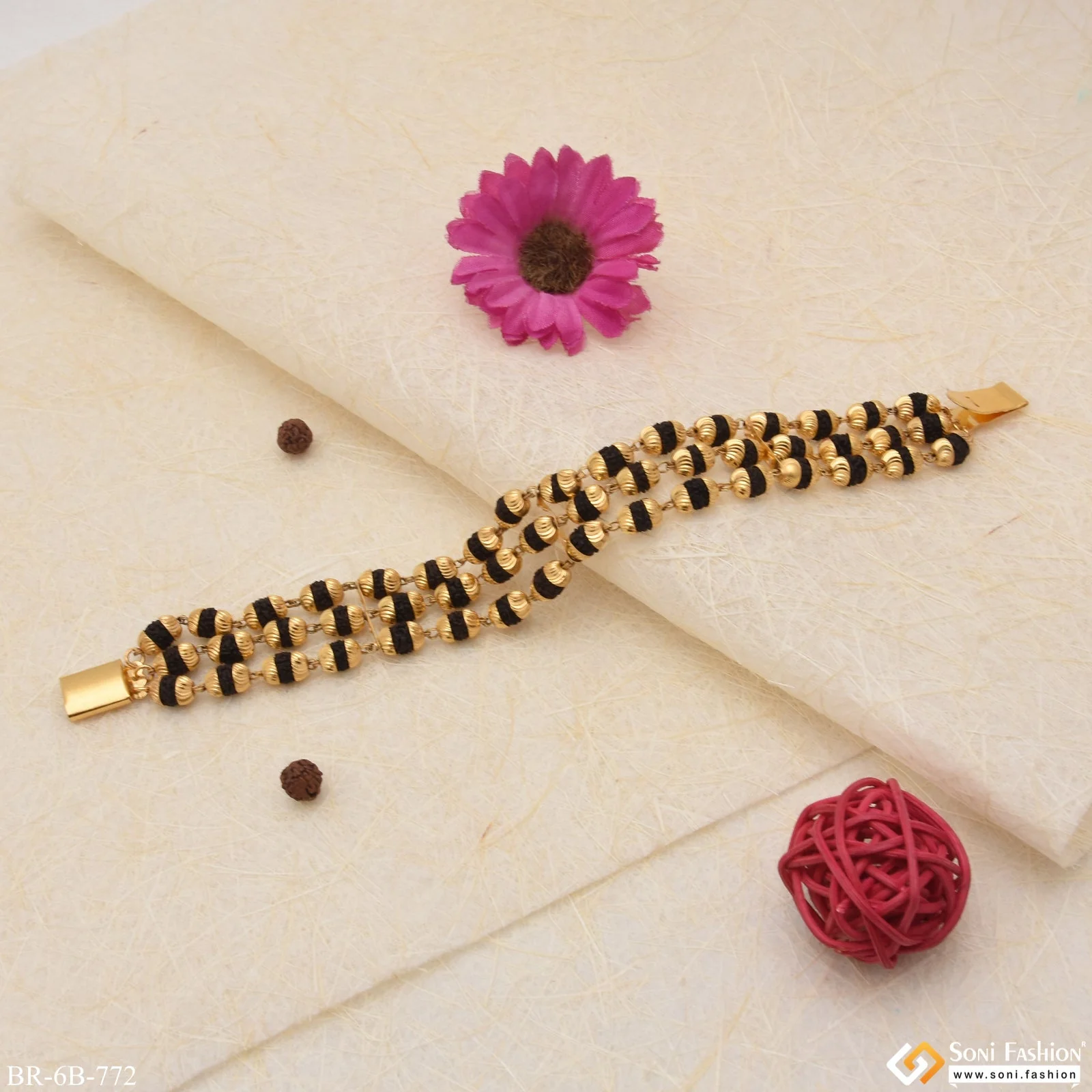 3 Line Superior Quality Graceful Design Gold Plated Rudraksha Bracelet - Style B772 - Image 3