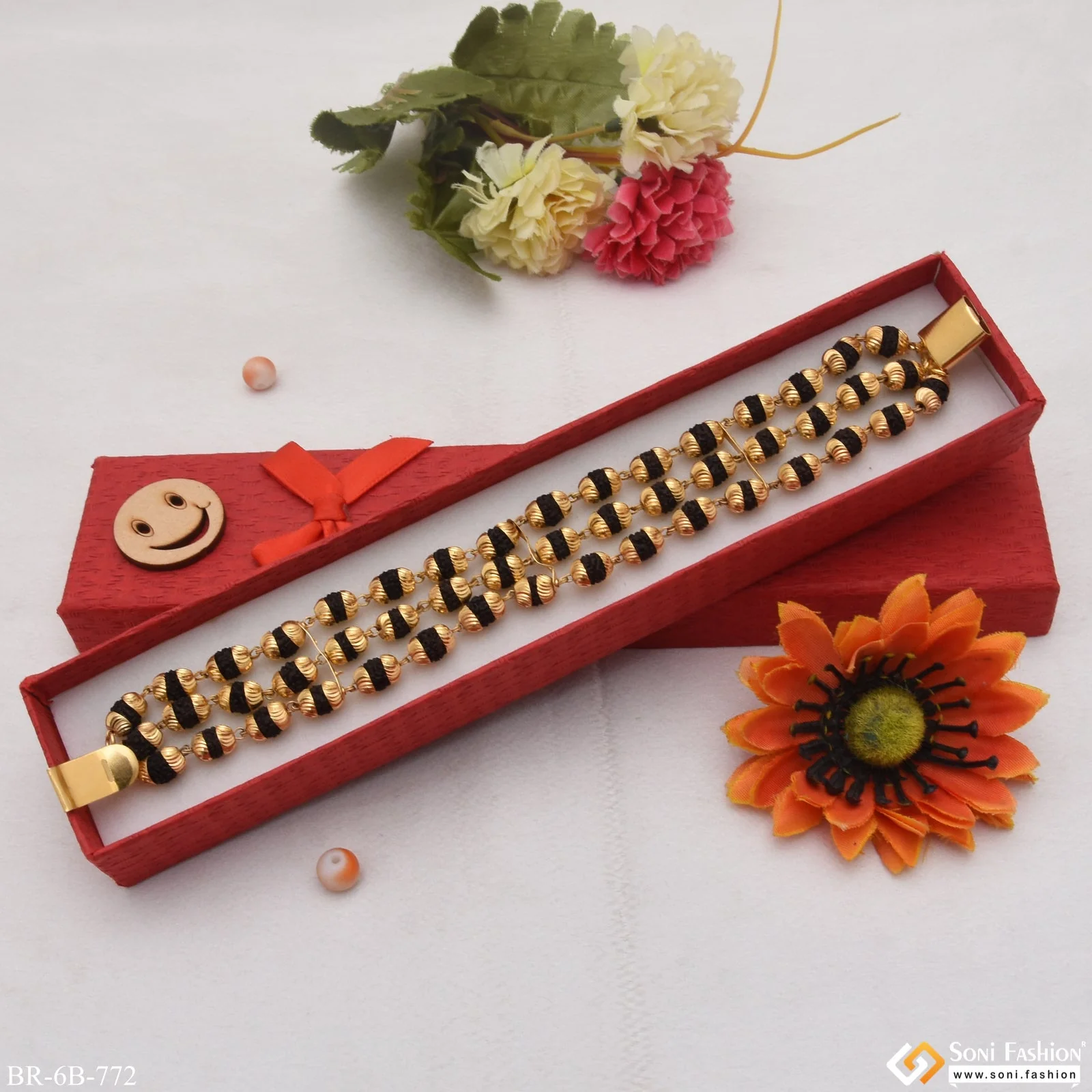 3 Line Superior Quality Graceful Design Gold Plated Rudraksha Bracelet - Style B772 - Image 4