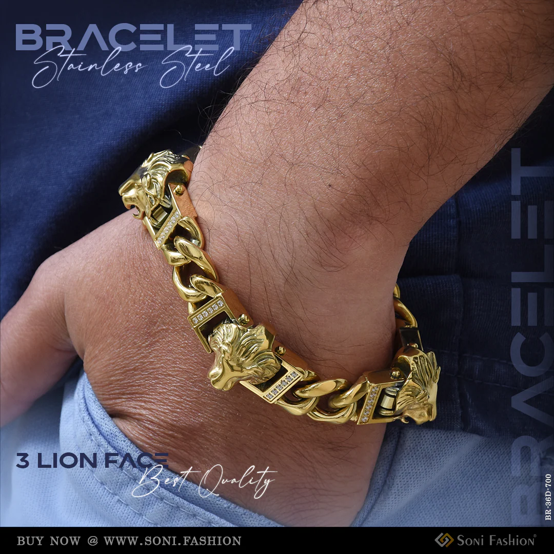 3 Lion Face Best Quality Stainless Steel Bracelet for Men - Style D700
