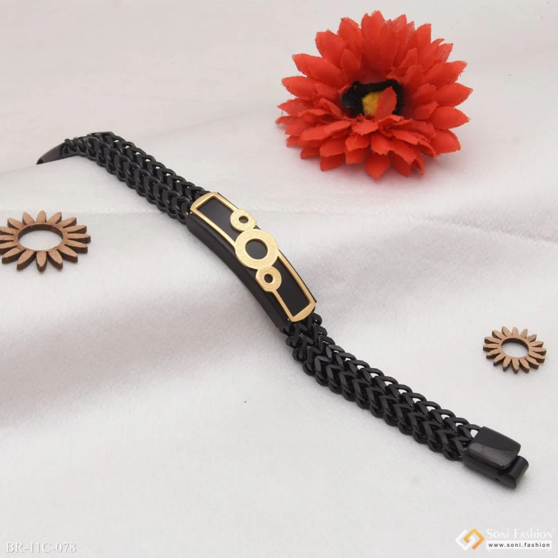 3 Round Sophisticated Design Black & Golden Color Bracelet For Men - Style C078 - Image 3