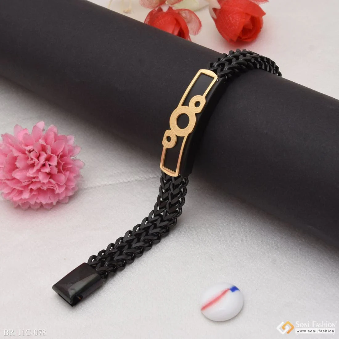 3 Round Sophisticated Design Black & Golden Color Bracelet For Men - Style C078 - Image 4