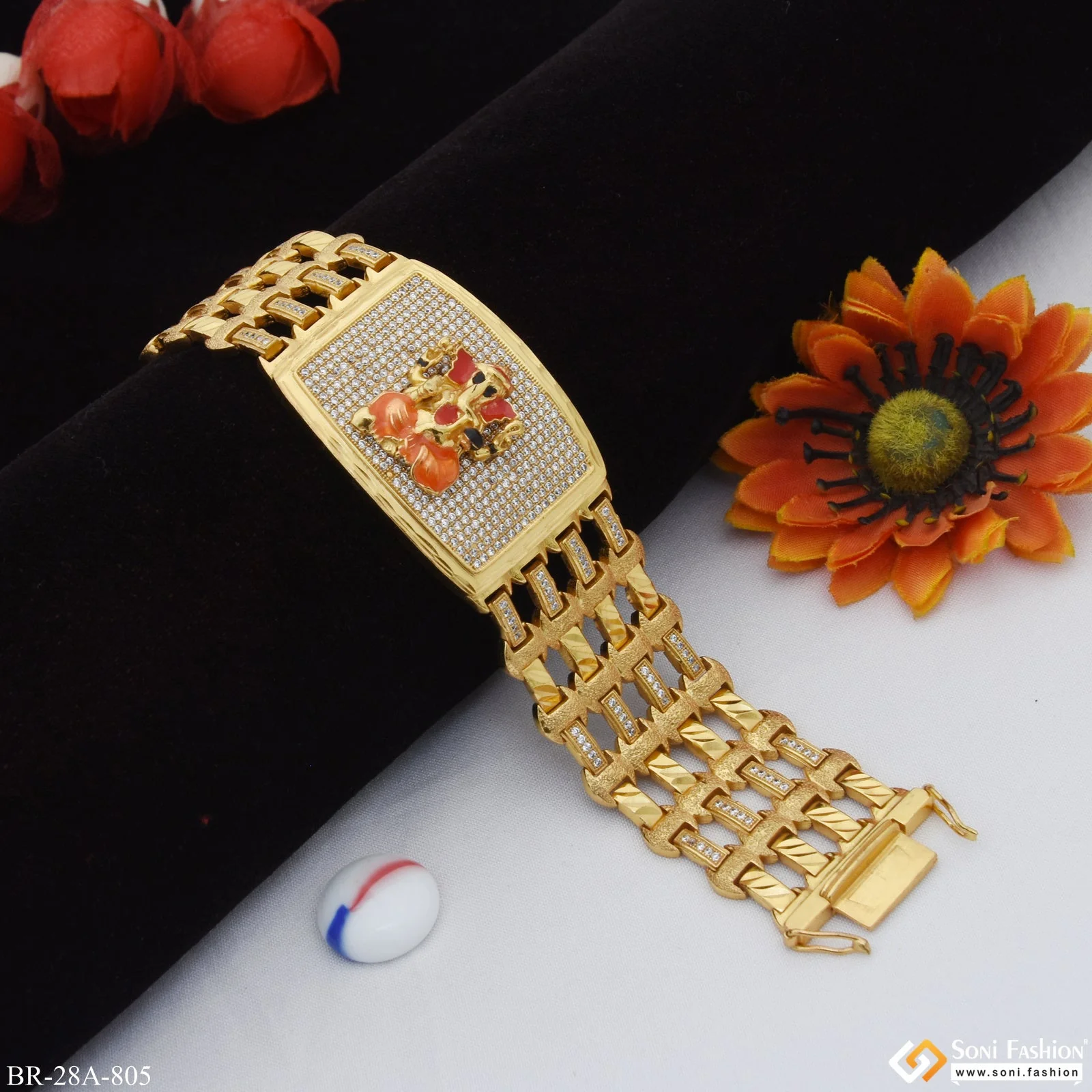 4 Line Ganesha with Diomonds In Rectangle Gold Plated Bracelet - Style A805 - Image 2