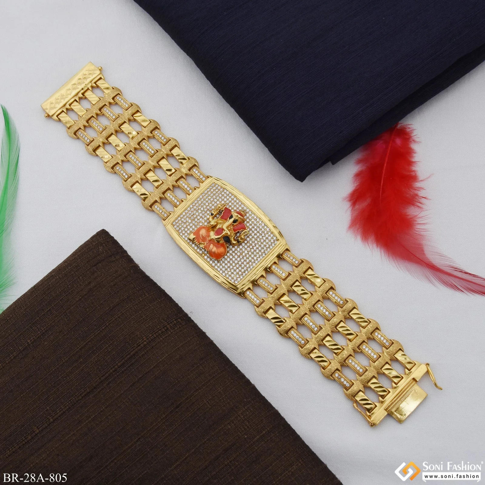 4 Line Ganesha with Diomonds In Rectangle Gold Plated Bracelet - Style A805 - Image 3
