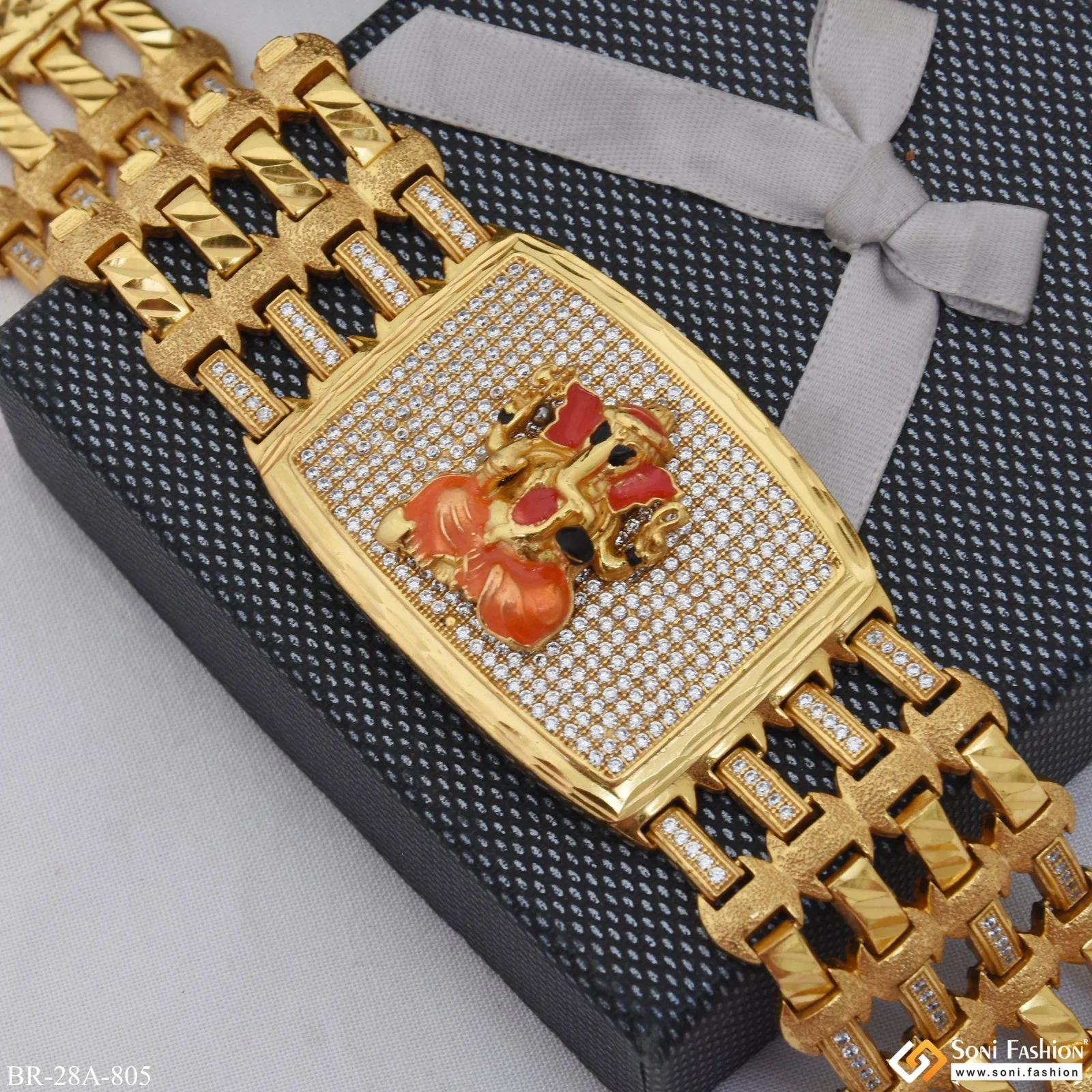 4 Line Ganesha with Diomonds In Rectangle Gold Plated Bracelet - Style A805 - Image 5